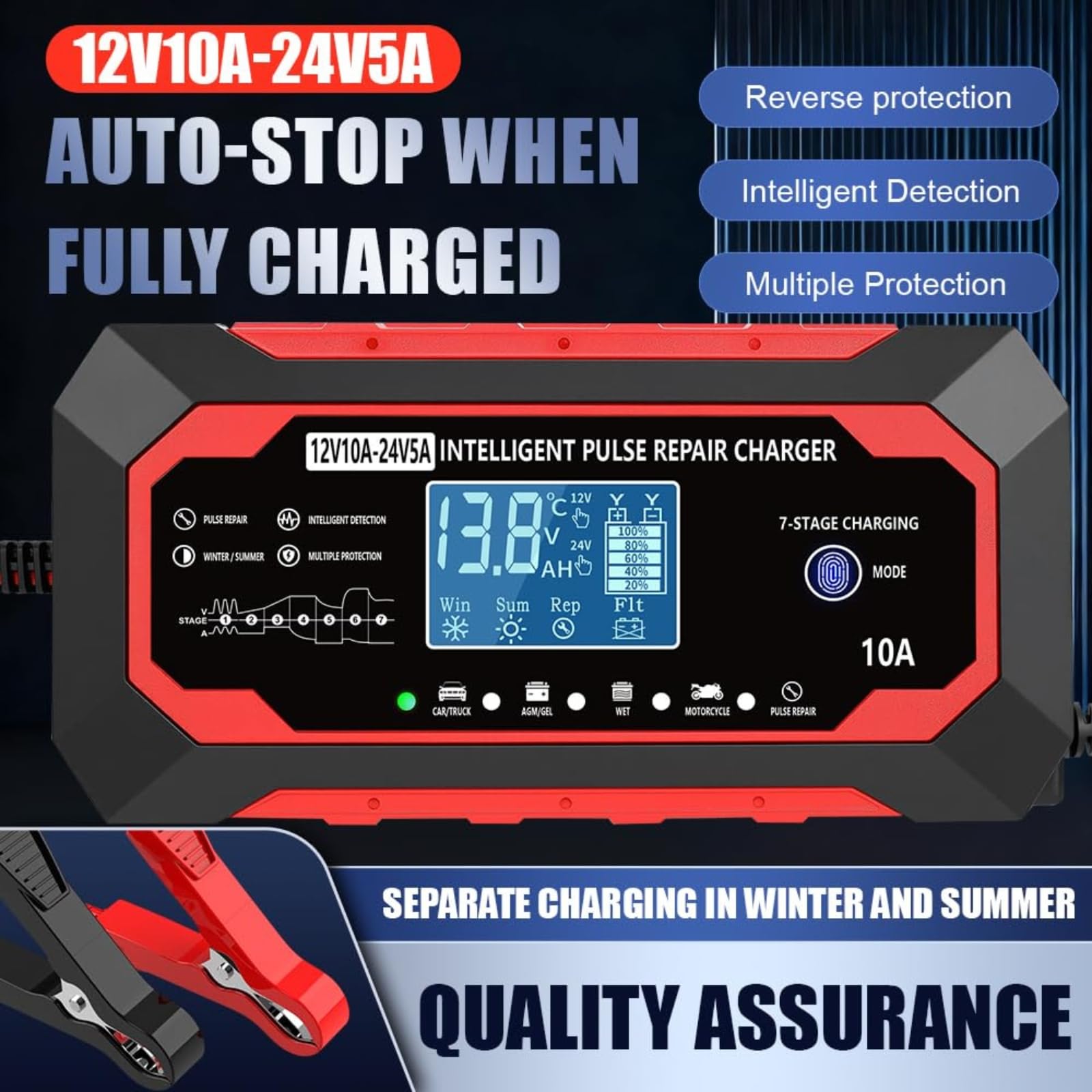kalonwell charger attached to a car battery demonstrating hands‑free maintenance
