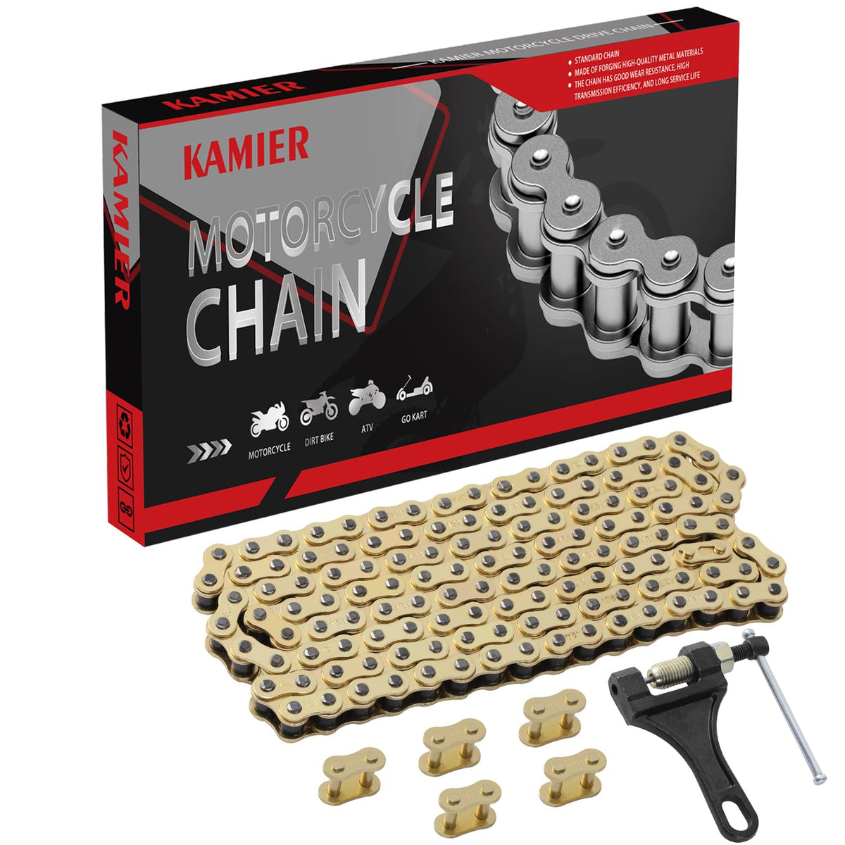 KAMIER front view of packaged 428 chain kit showing included tools and parts, easy replacement