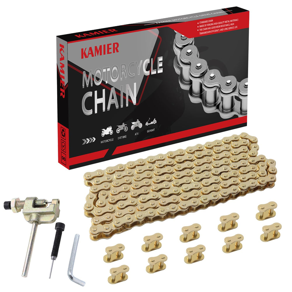 KAMIER front packaging showing gold #35 chain kit and included tools, clear contents