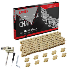 KAMIER front packaging showing gold #35 chain kit and included tools, clear contents