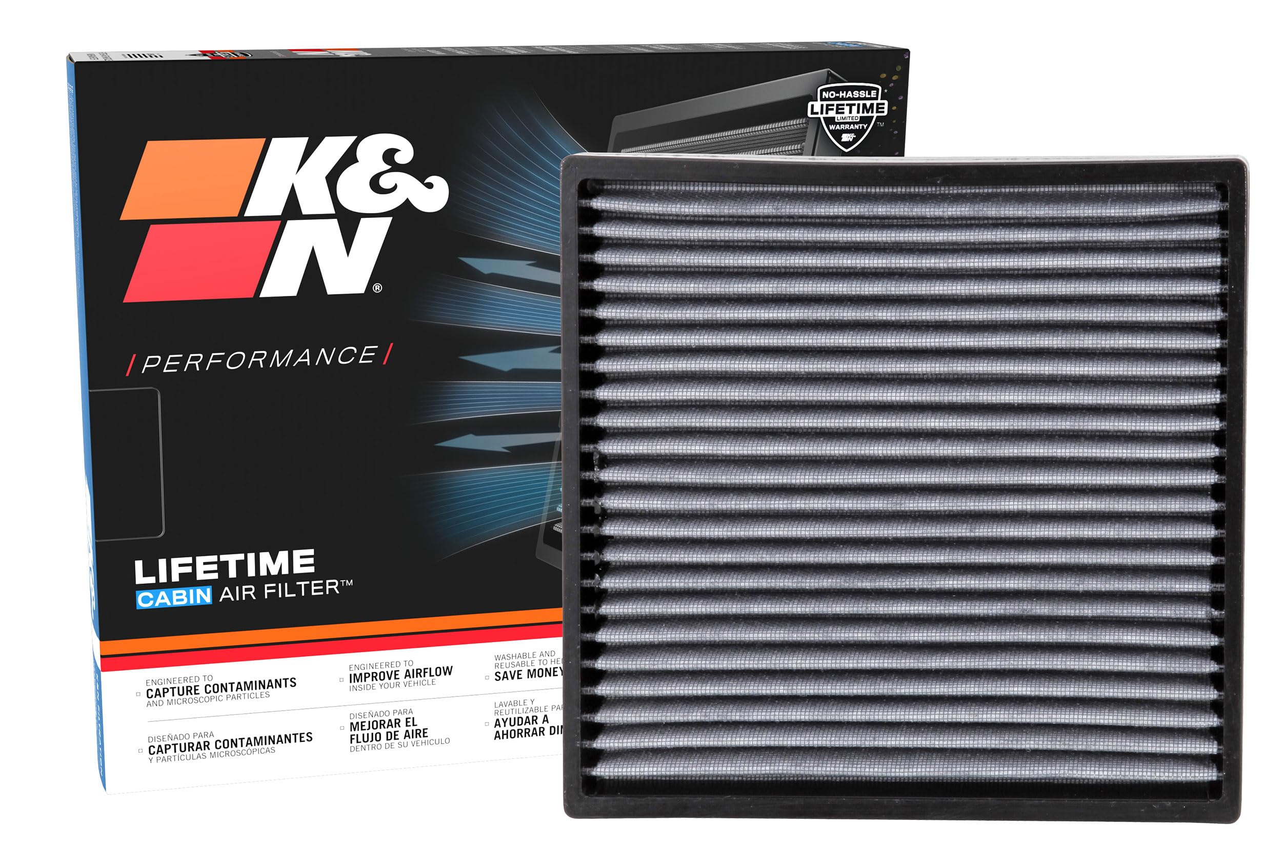 K&N cabin filter front packaging showing product and benefit of washable longevity