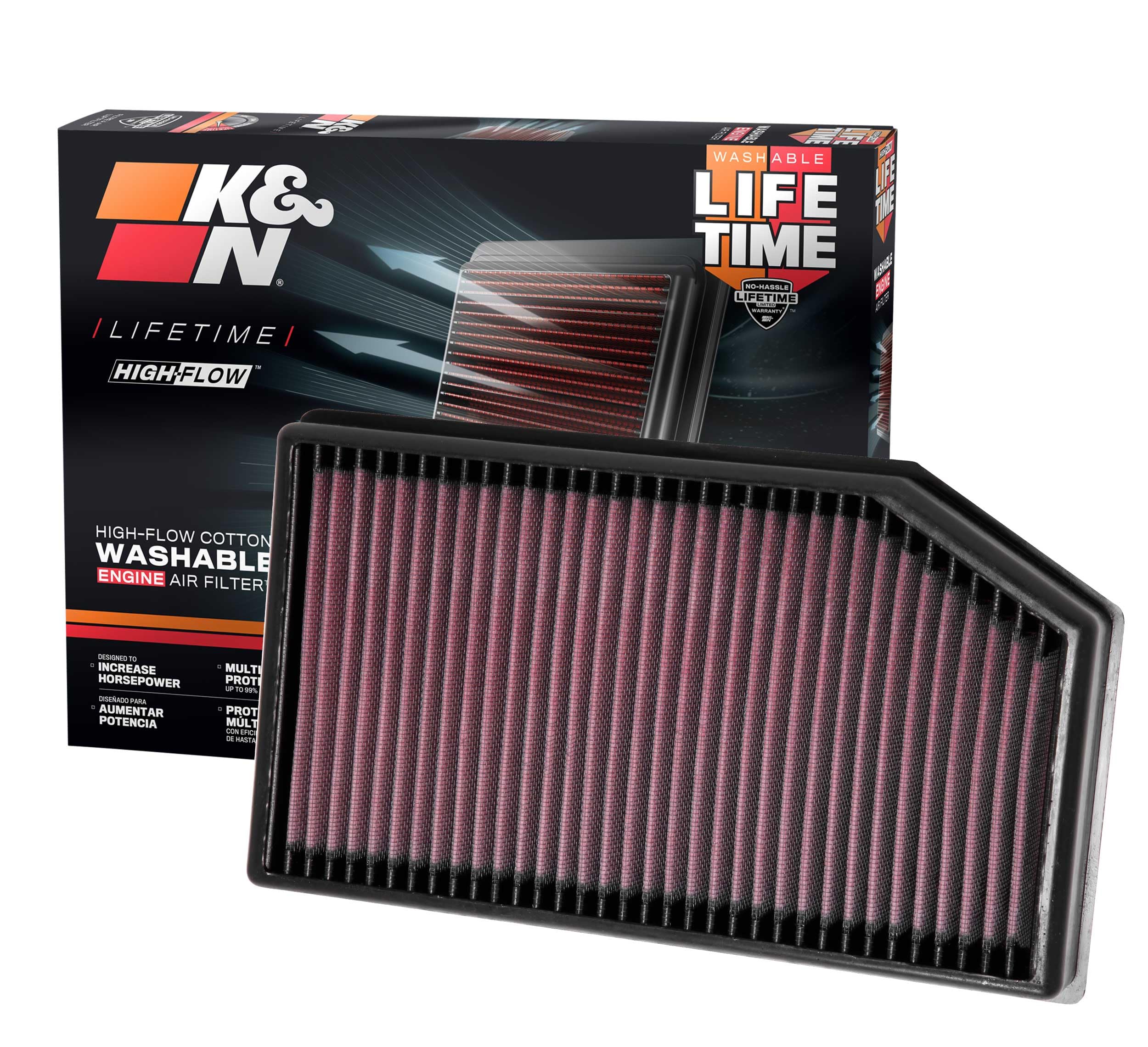 K&N front view of packaged 33-5076 filter showing ready-to-install advantage