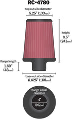 K&N RC-4780 top profile displaying tapered shape and height benefits
