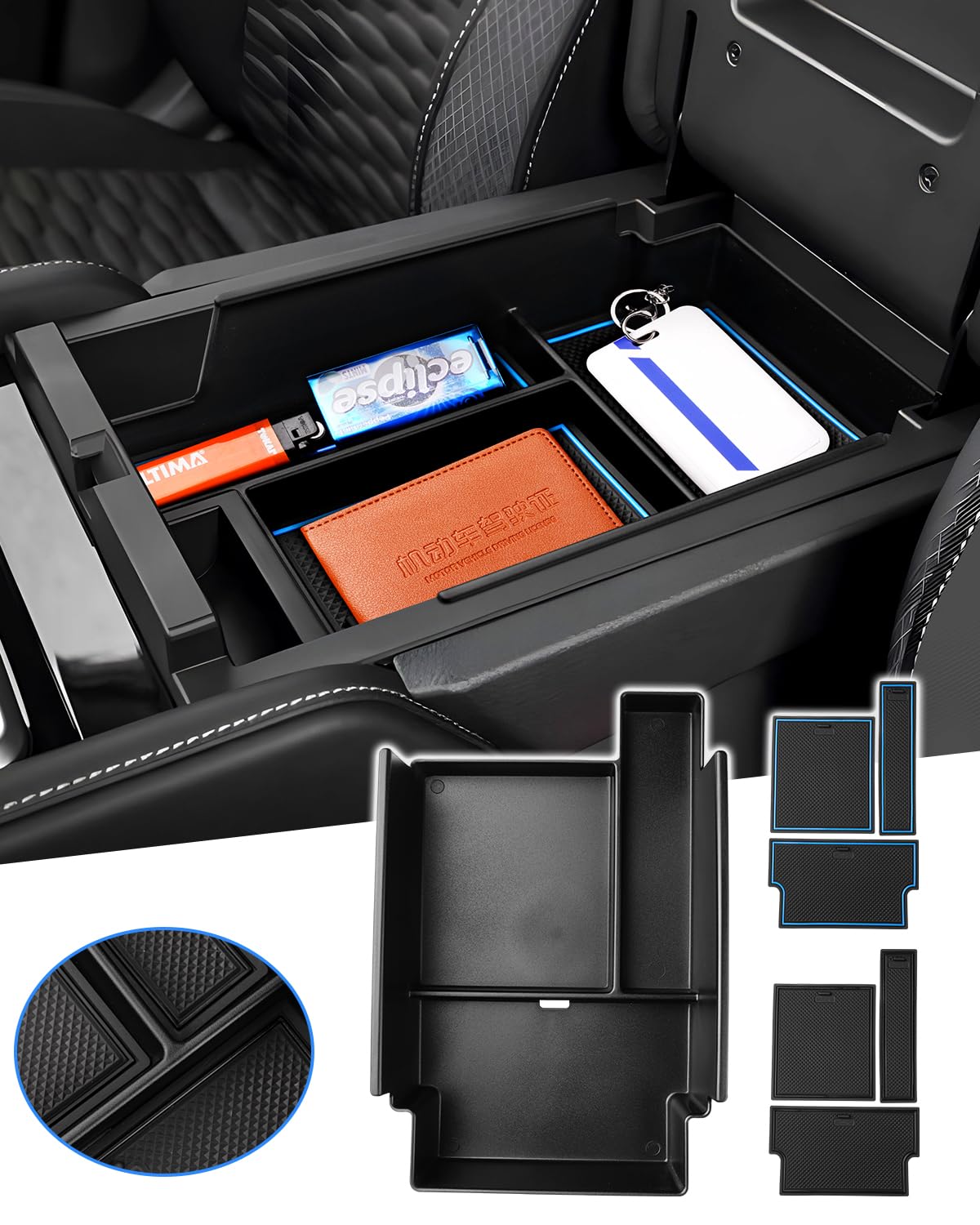 Karltys front view of console tray showing neat compartments and improved access