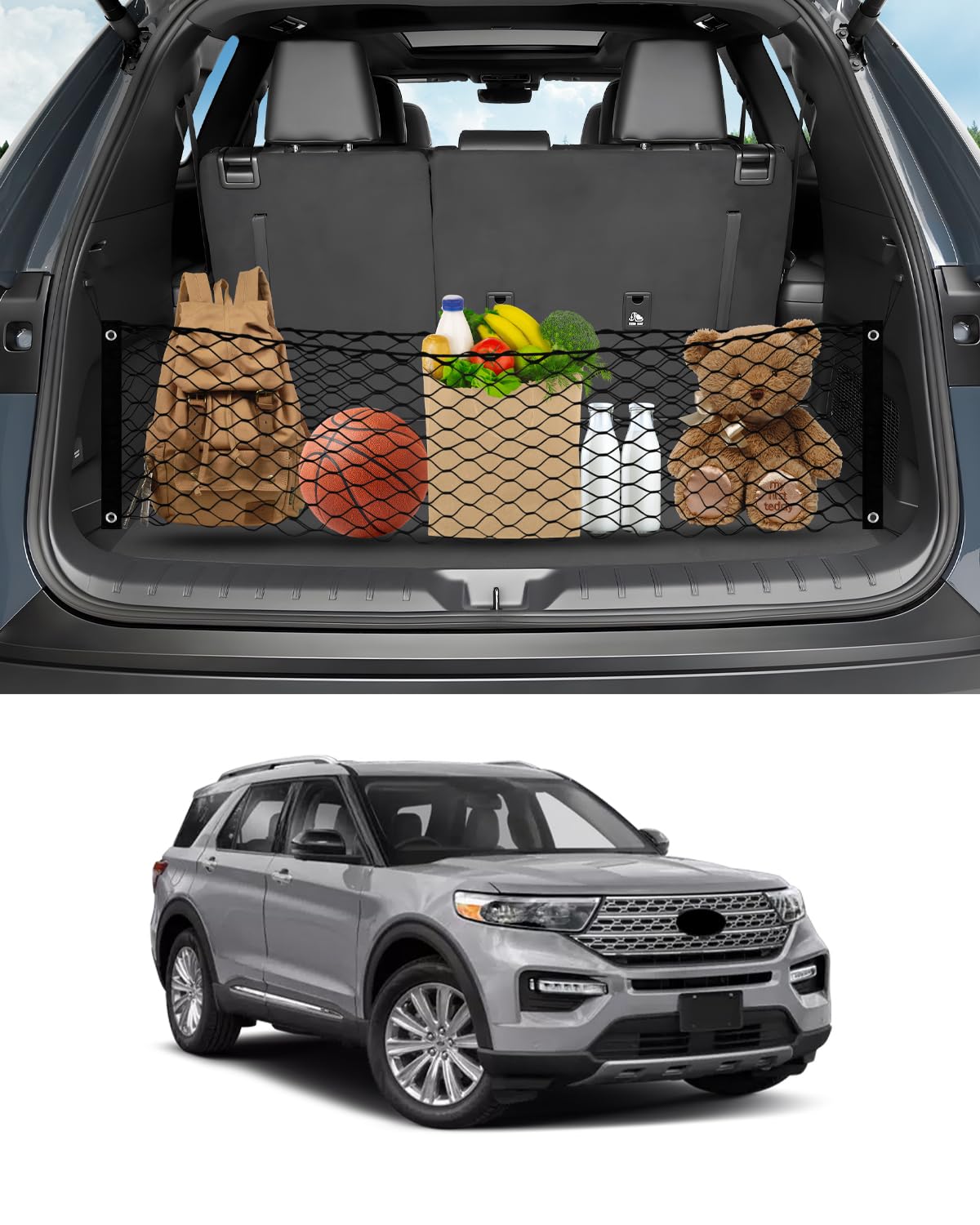 Karltys cargo net front view installed in Explorer for tidy trunk storage