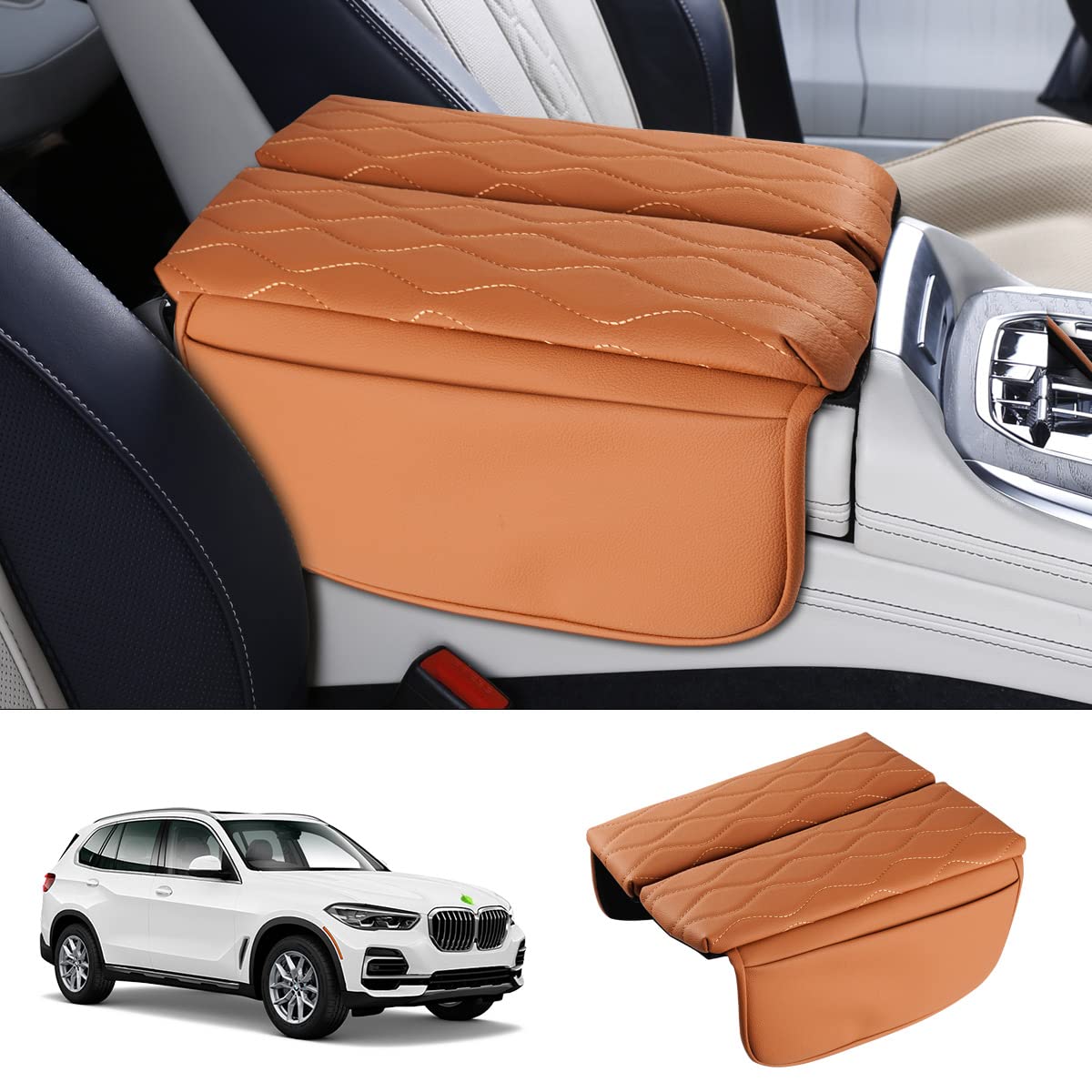Karltys front view of brown center console cover showing tailored fit and protection