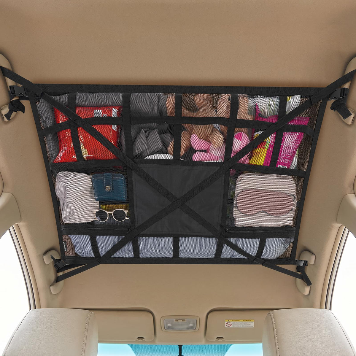 Kaskawise front view of extra-large ceiling cargo net showing full coverage and organized storage benefit