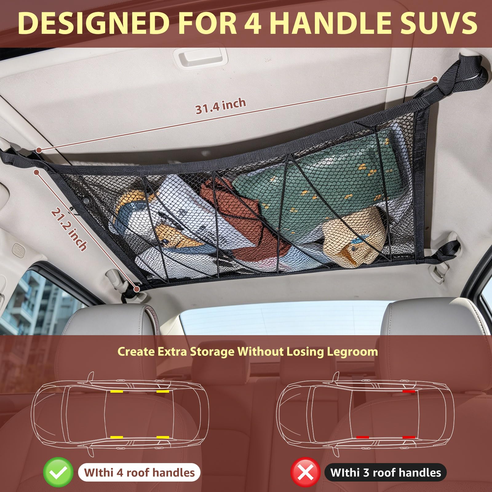 Kaskawise overhead net installed in SUV providing extra storage and passenger space