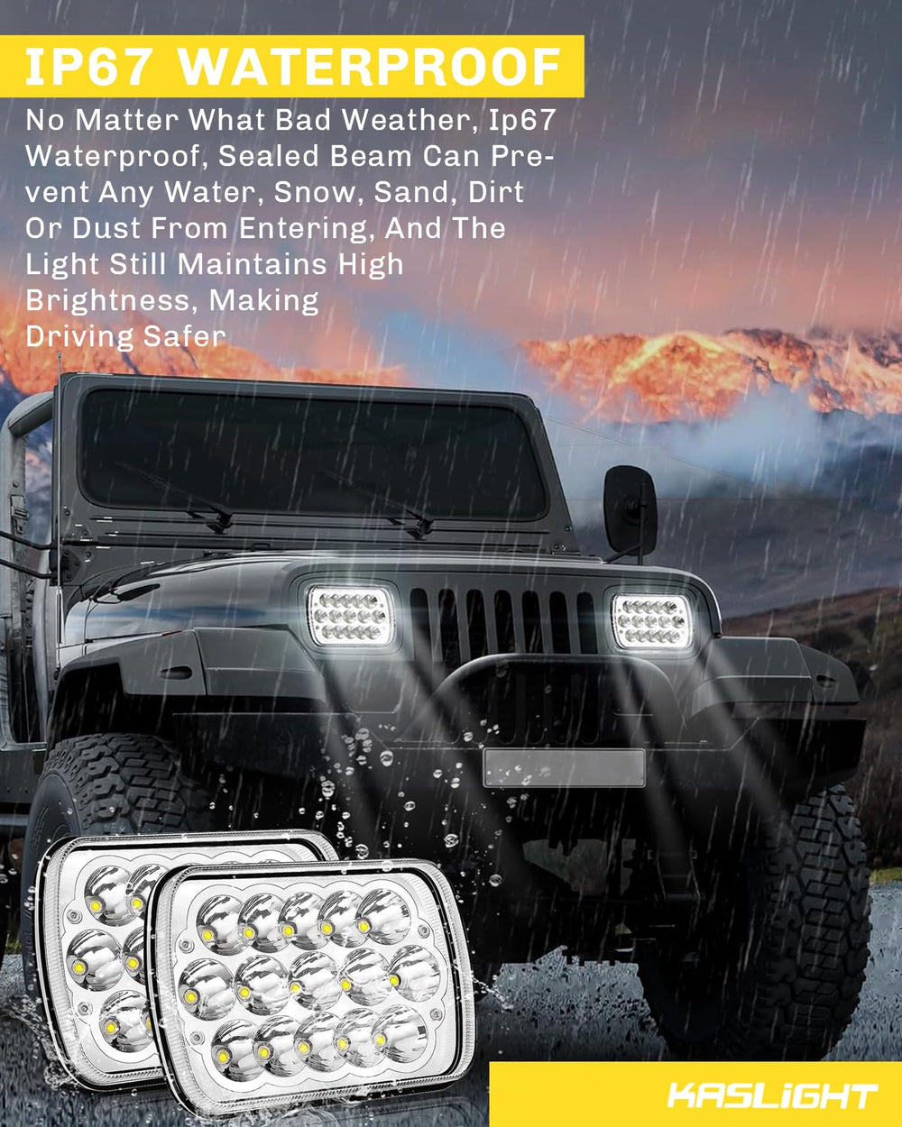 KASLIGHT side profile displaying dimensions and sealed-beam depth for correct fit