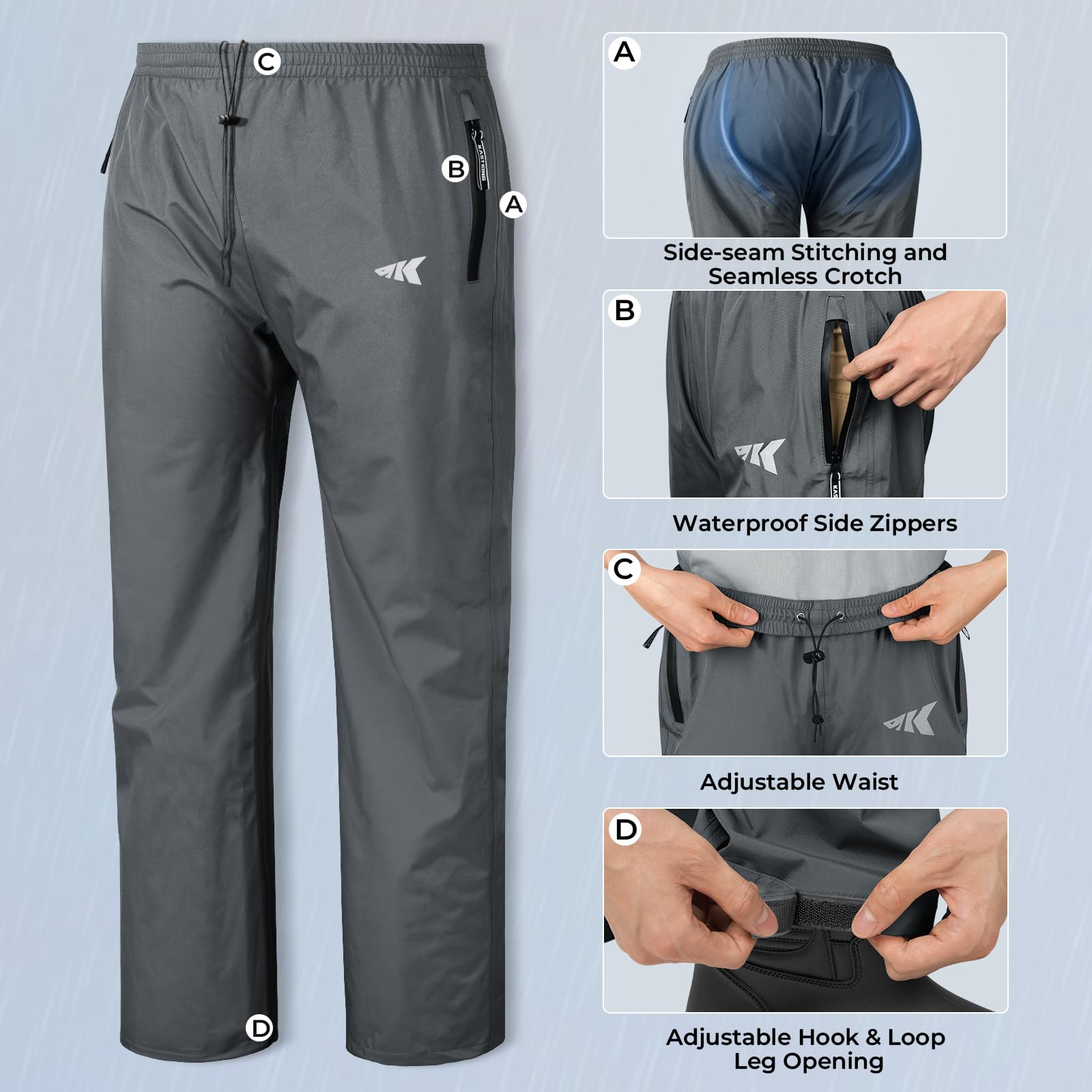 KastKing adjustable waist and hook-and-loop leg openings for secure fit