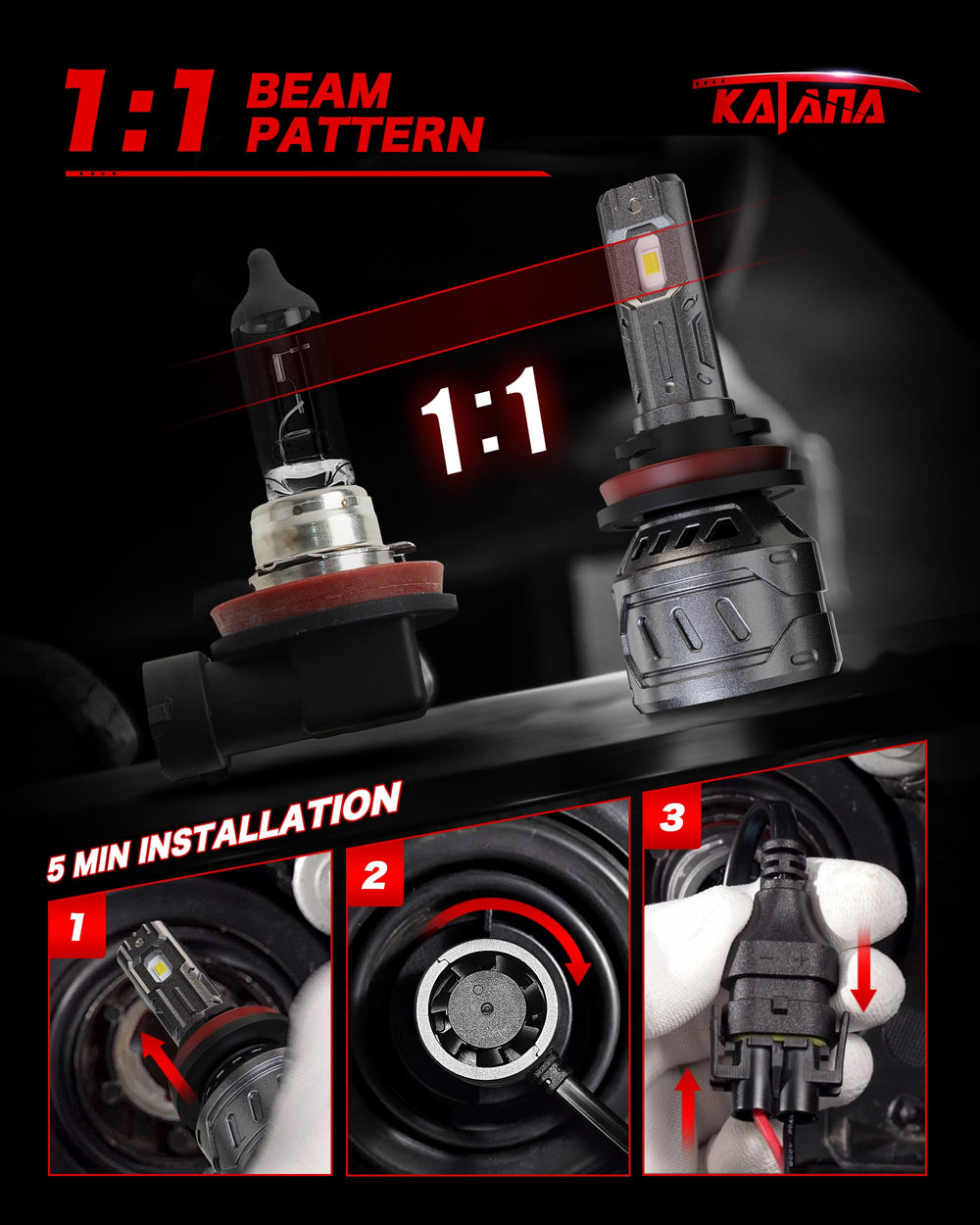 Katana installed in fog housing demonstrating plug-and-play fit