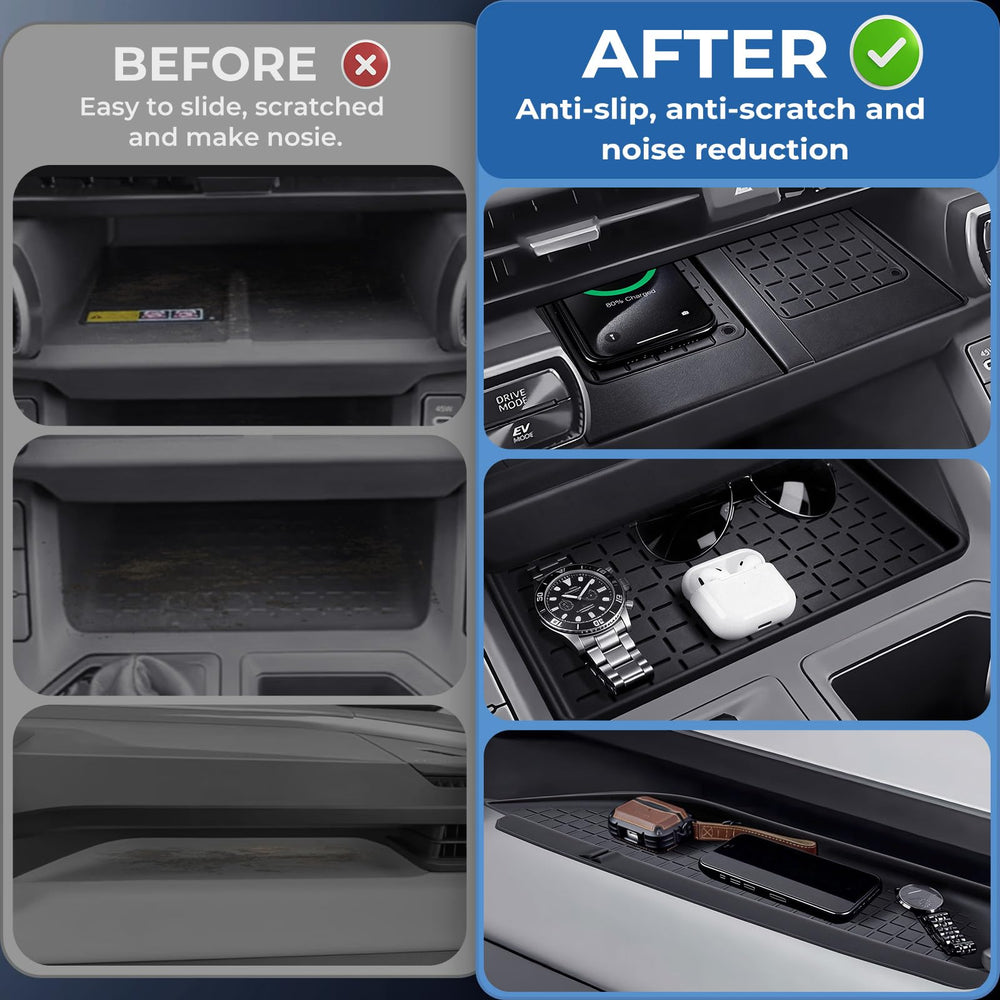 Katorn center console mat in place preventing items from sliding and reducing noise