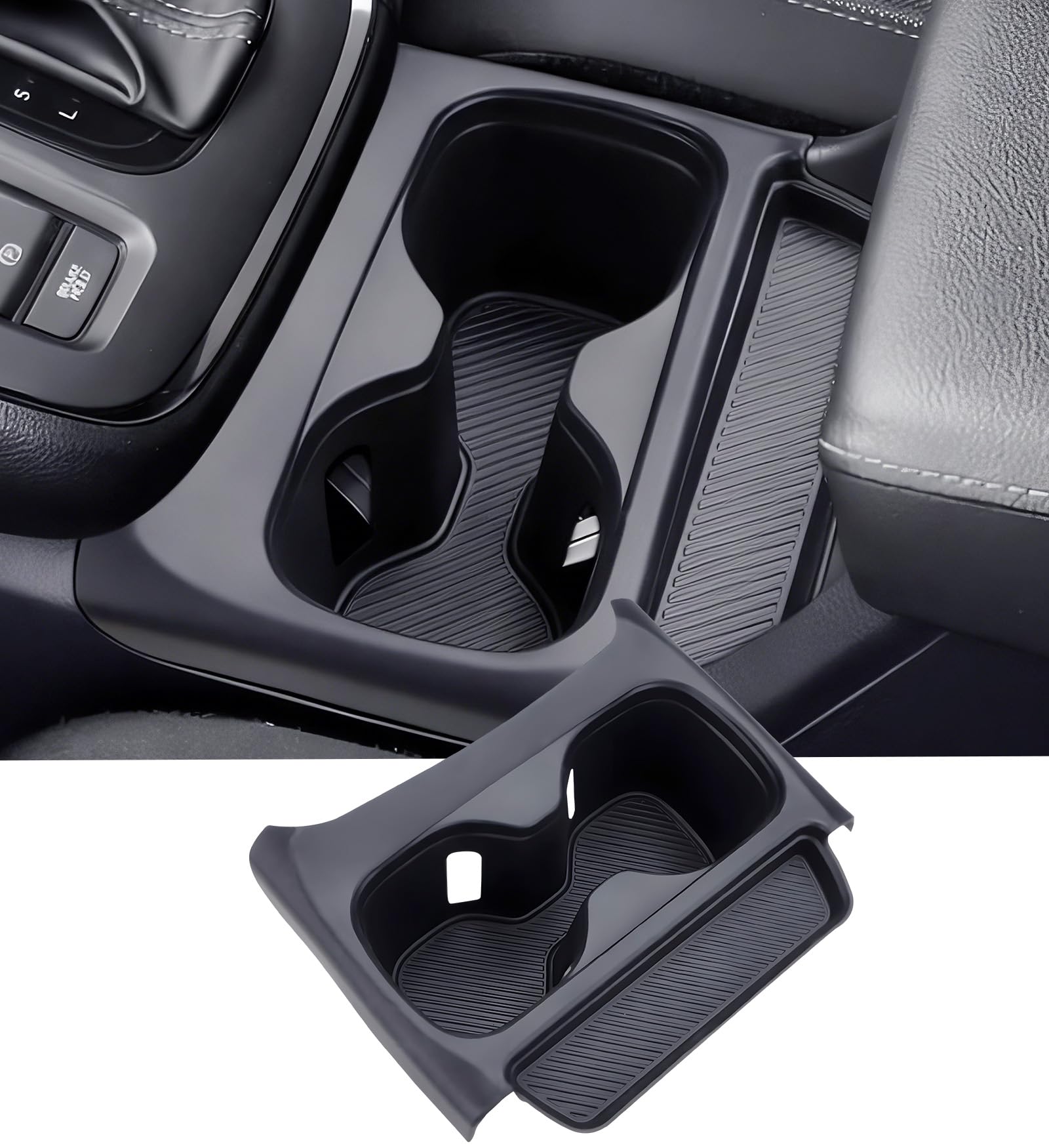 Katorn front view showing black cup holder inserts protecting console