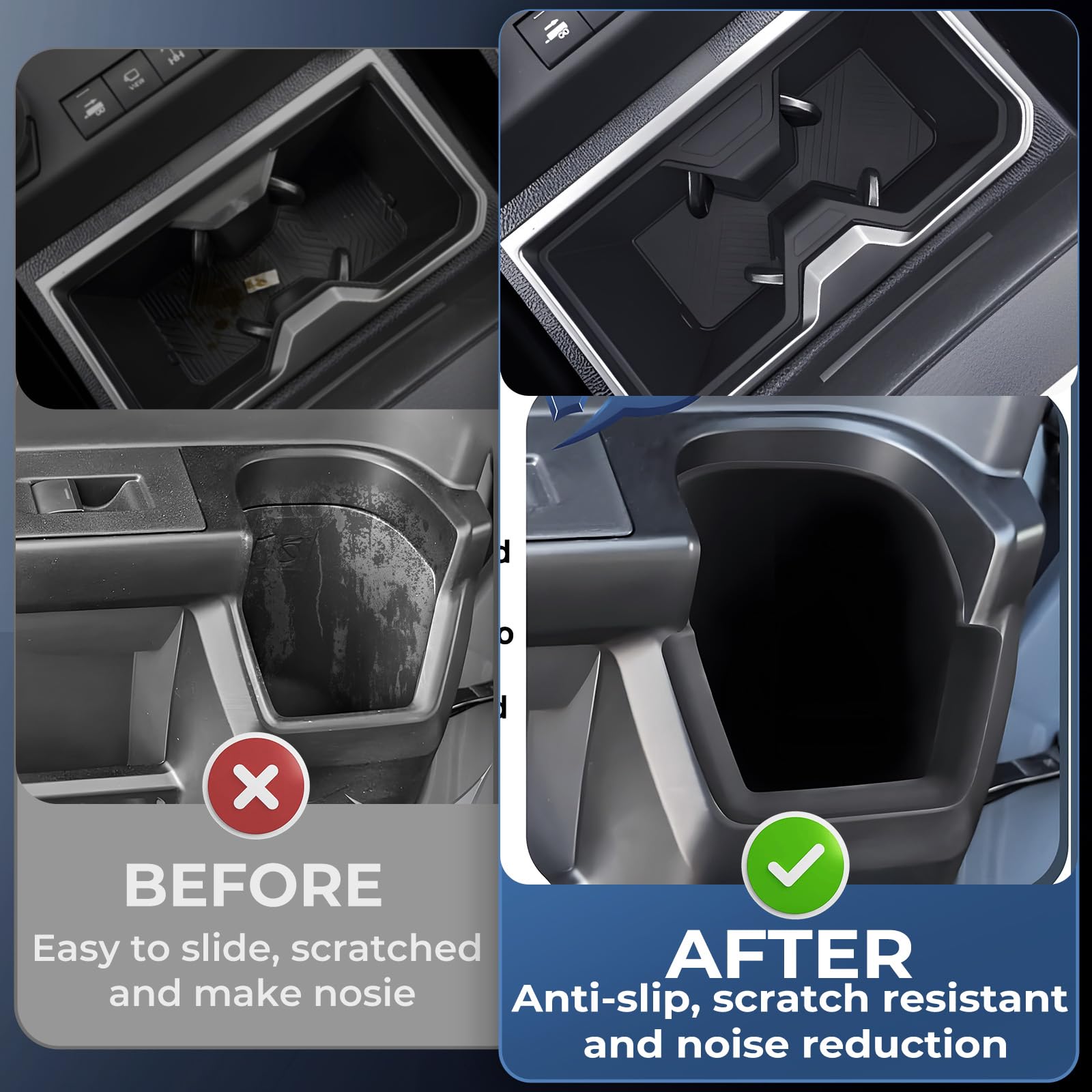 Katorn insert installed in front holder stabilizing a travel mug and reducing noise