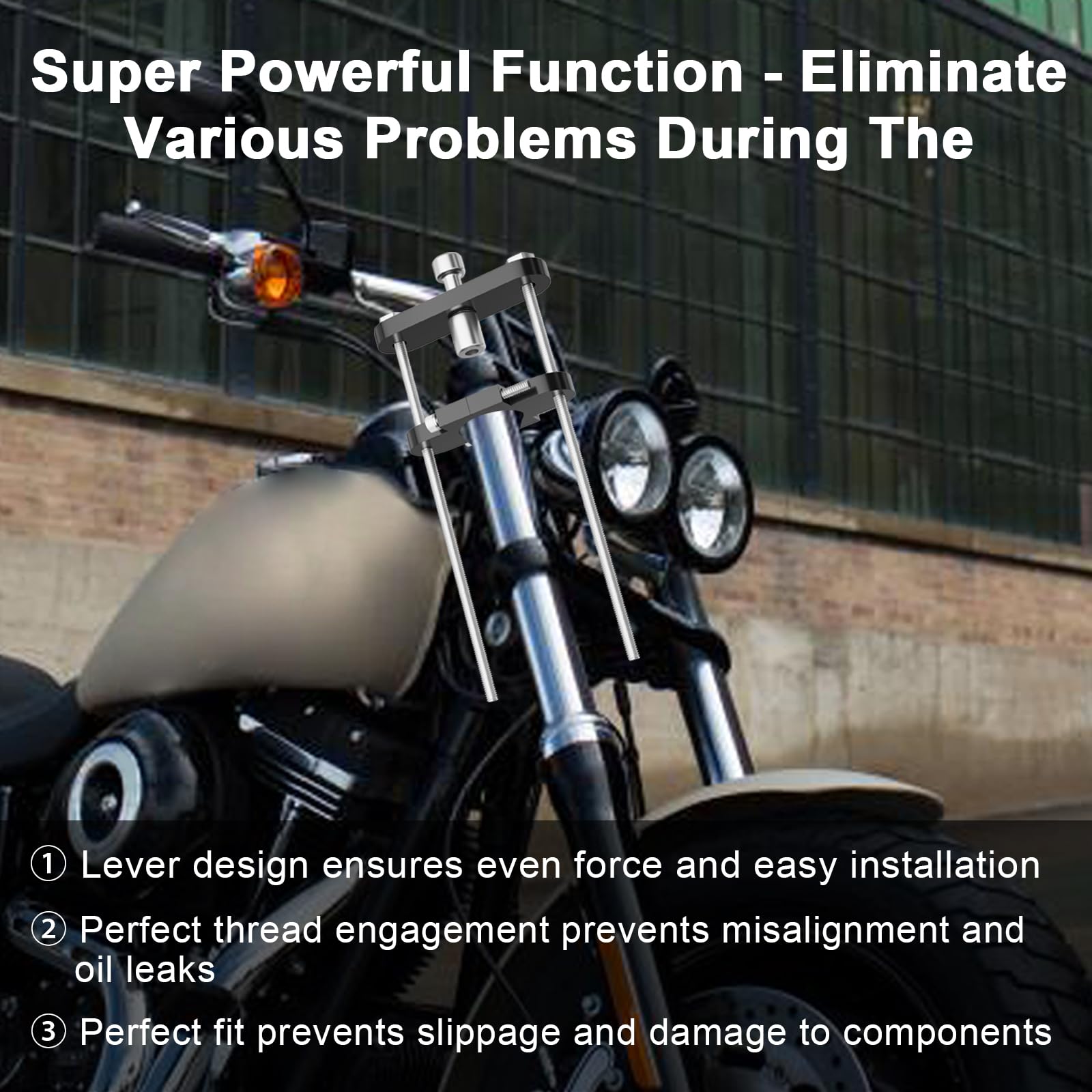 Katywixu tool installed on Harley fork demonstrating easy one-person use