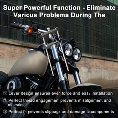Katywixu tool installed on Harley fork demonstrating easy one-person use