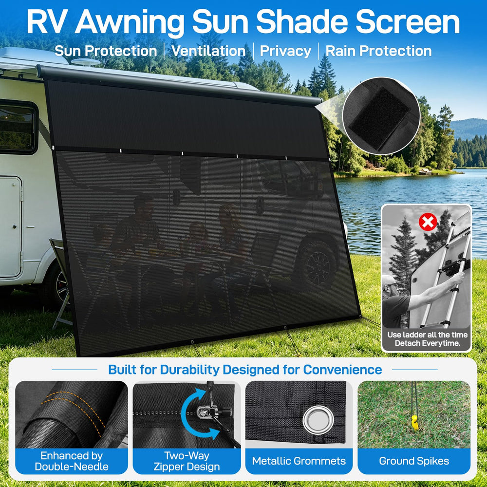 Kavrixo installed on 20ft RV awning creating cooler camping space