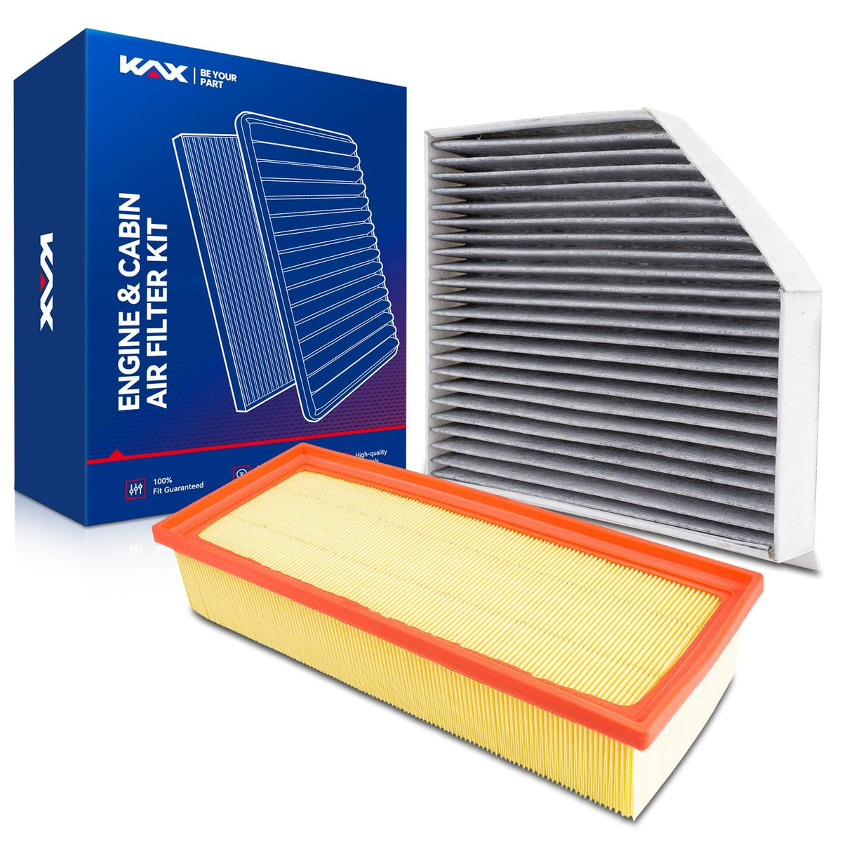 KAX box showing engine and cabin filter kit with easy replacement benefit