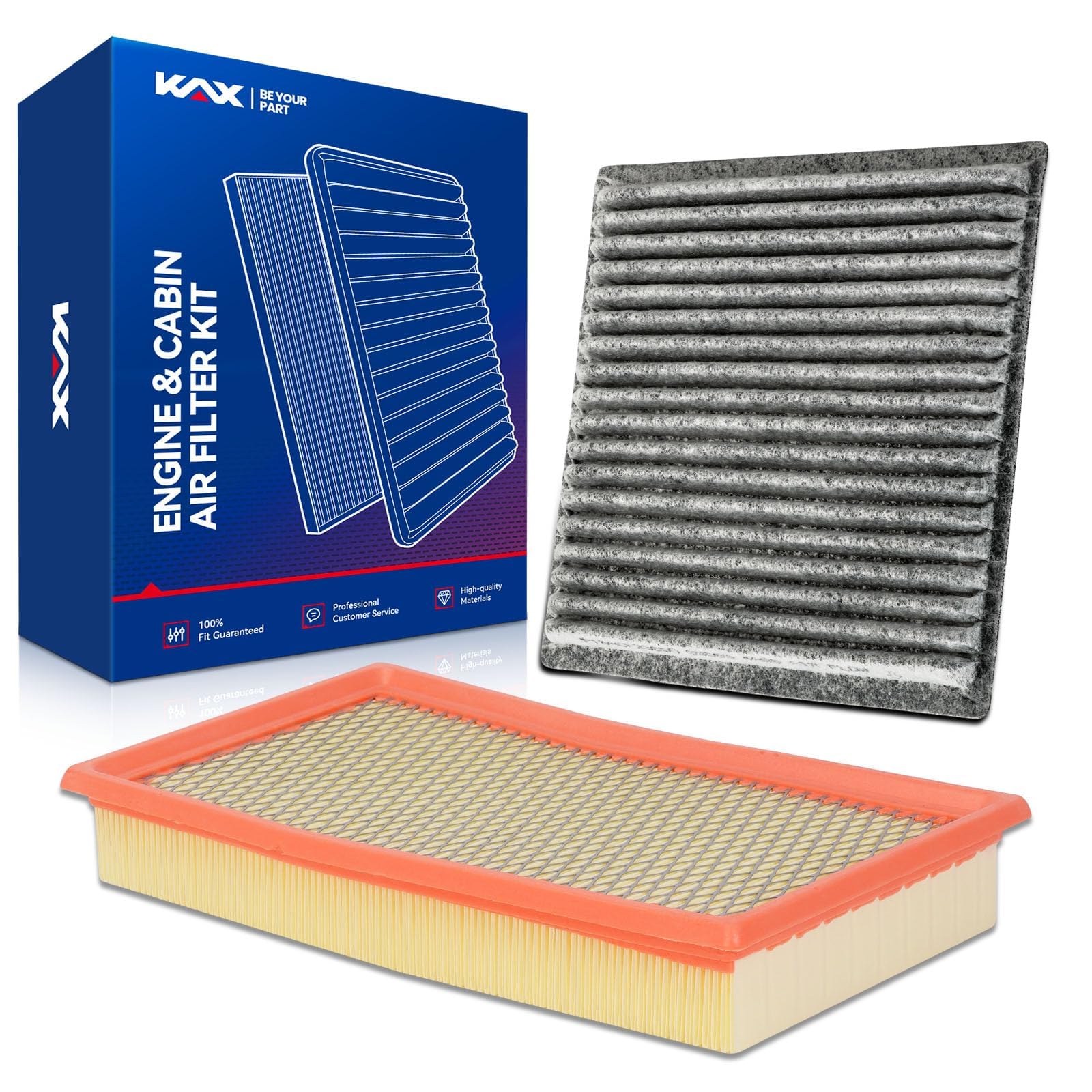 KAX front packaging showing both engine and cabin filters and easy maintenance benefit