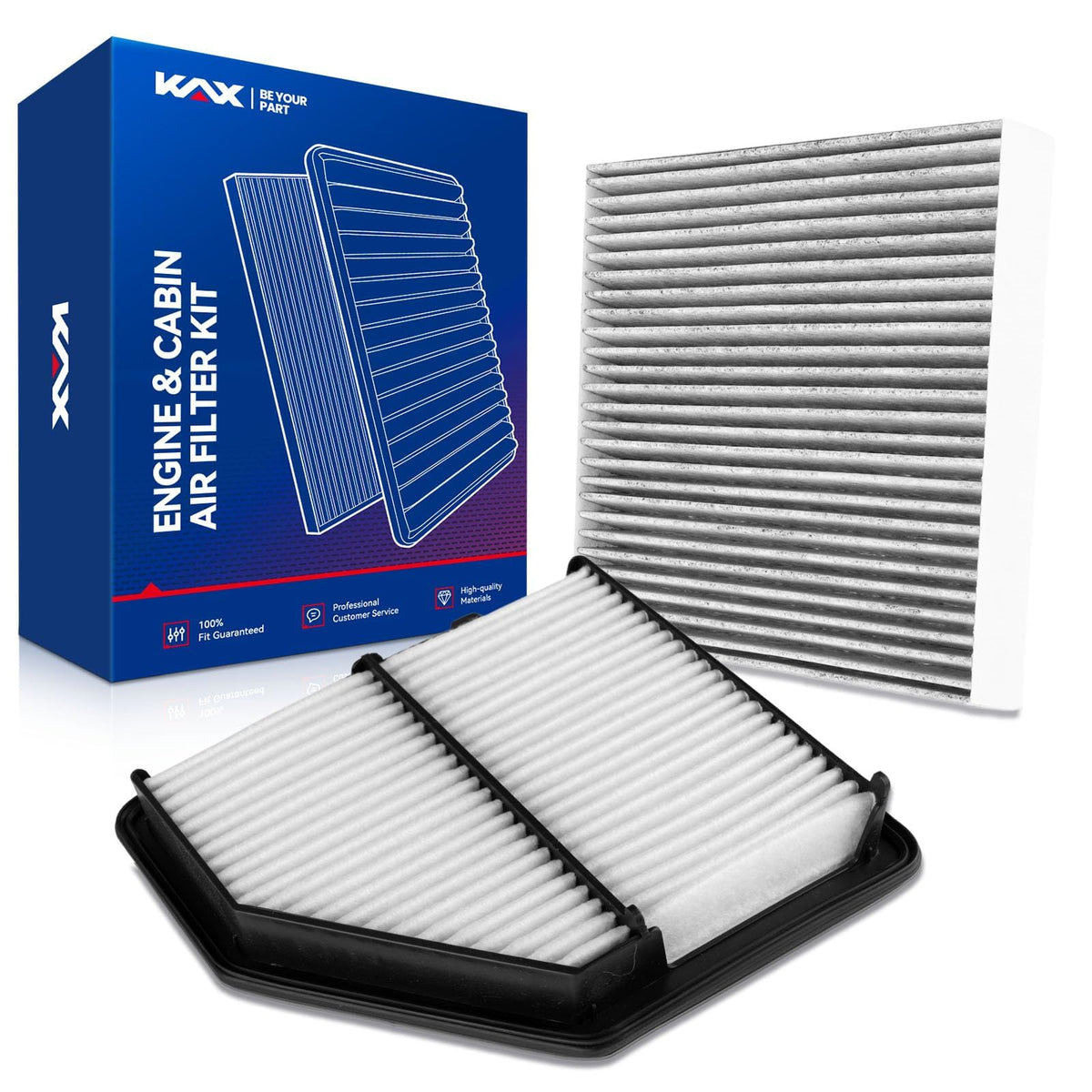 KAX front packaging showing engine and cabin filter kit, easy one-box replacement