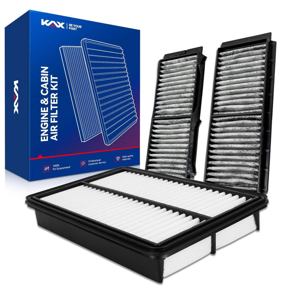 KAX front packaging showing both engine and cabin filters and easy kit benefit