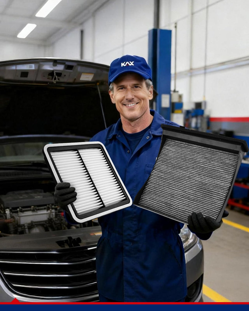 KAX filters shown in a Forester driving scene highlighting cleaner cabin air benefit