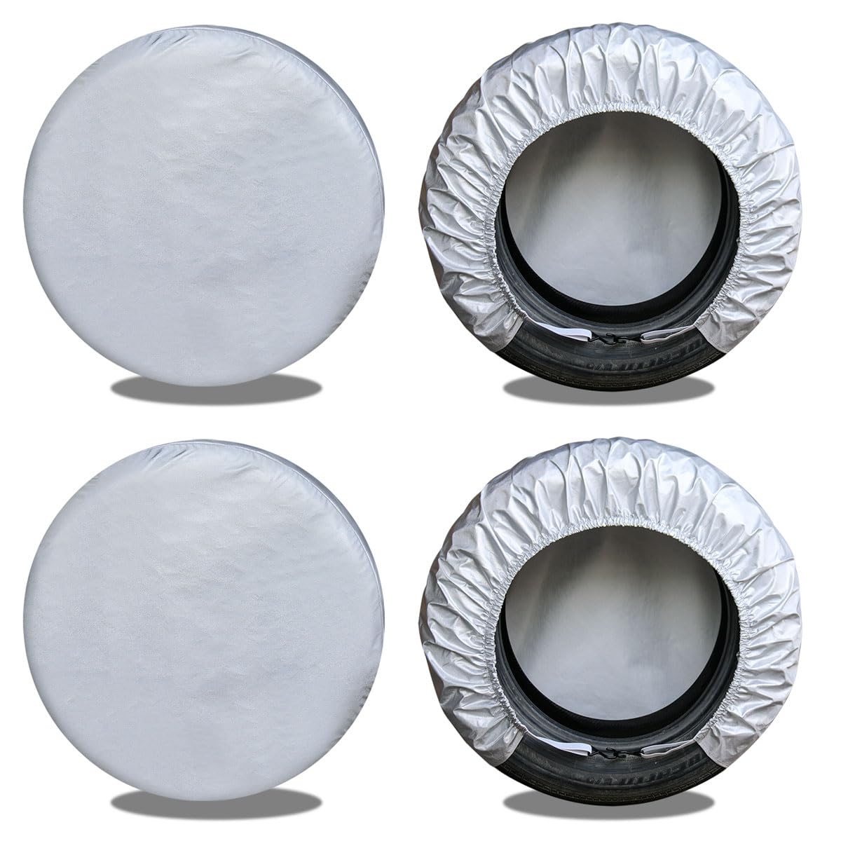 Kayme front view of set of 4 covers showing fit and branding, protects tires outdoors