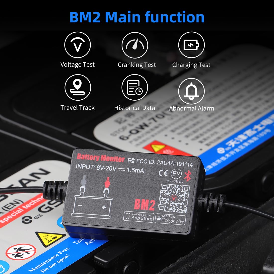 KDator BM2 app screen live readout displaying voltage and alarm benefit