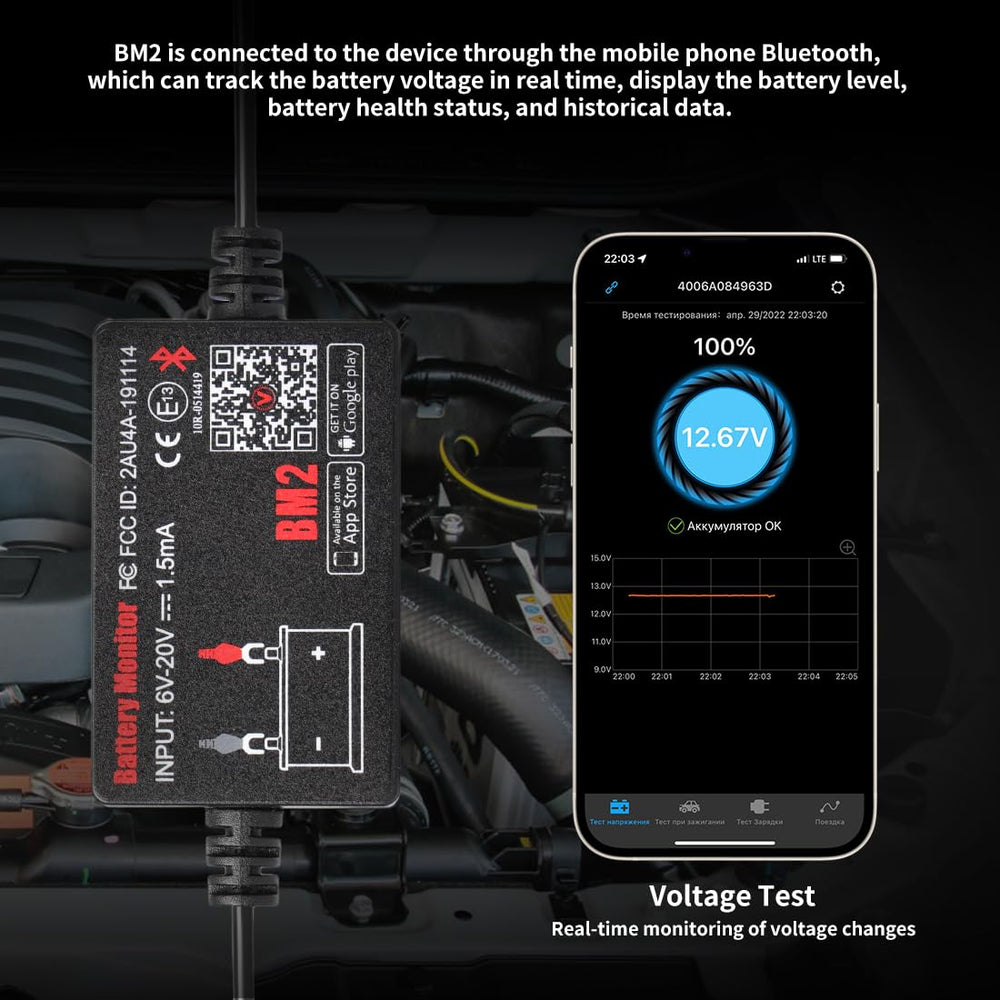 KDator BM2 label and specs closeup revealing voltage range and compatibility