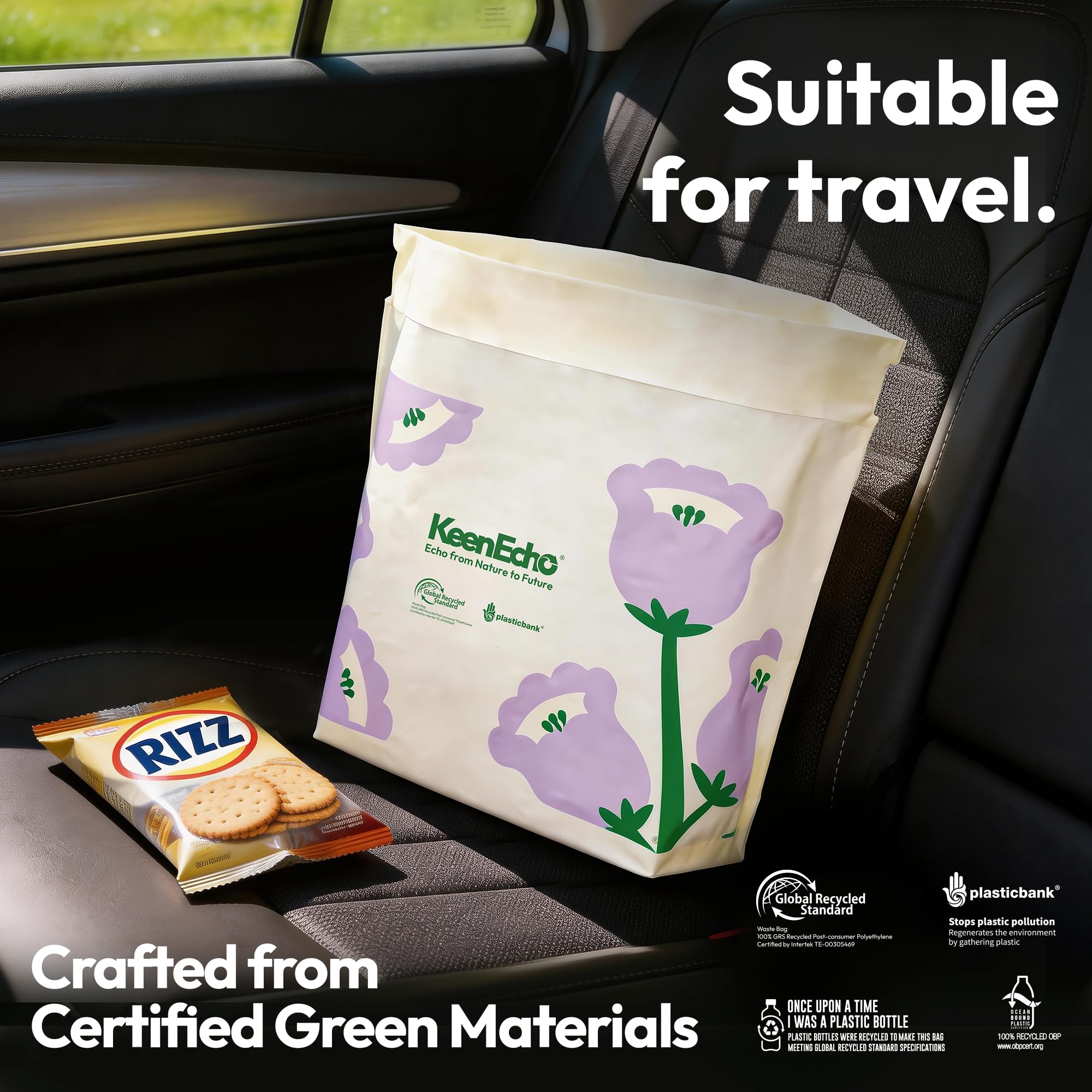 KeenEcho expanded bag in car upright to contain trash and spills effectively