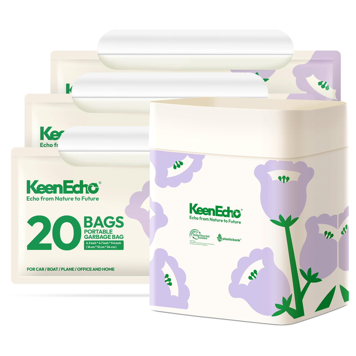 KeenEcho front packaging showing 60 purple disposable bags and product benefits