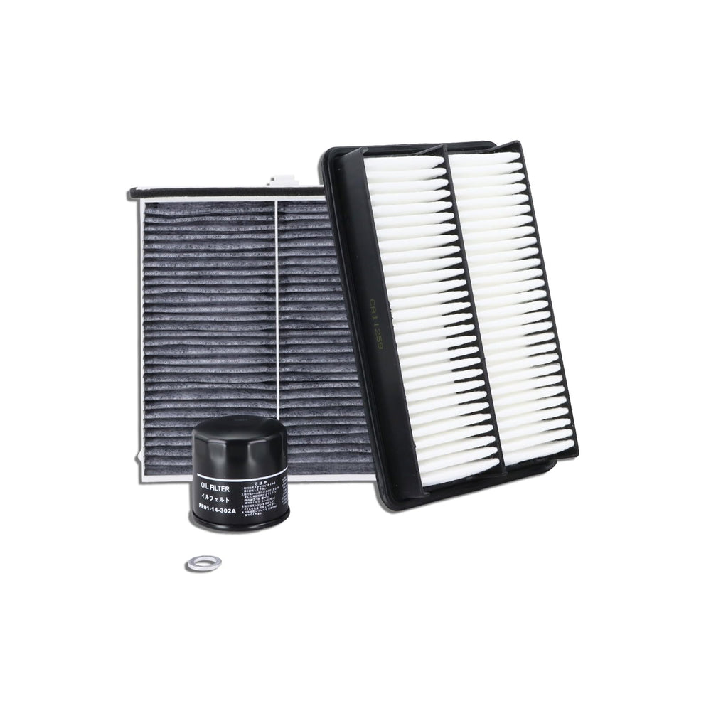 Kefly front packaging showing engine, oil, and cabin filters for Mazda benefit easy replacement