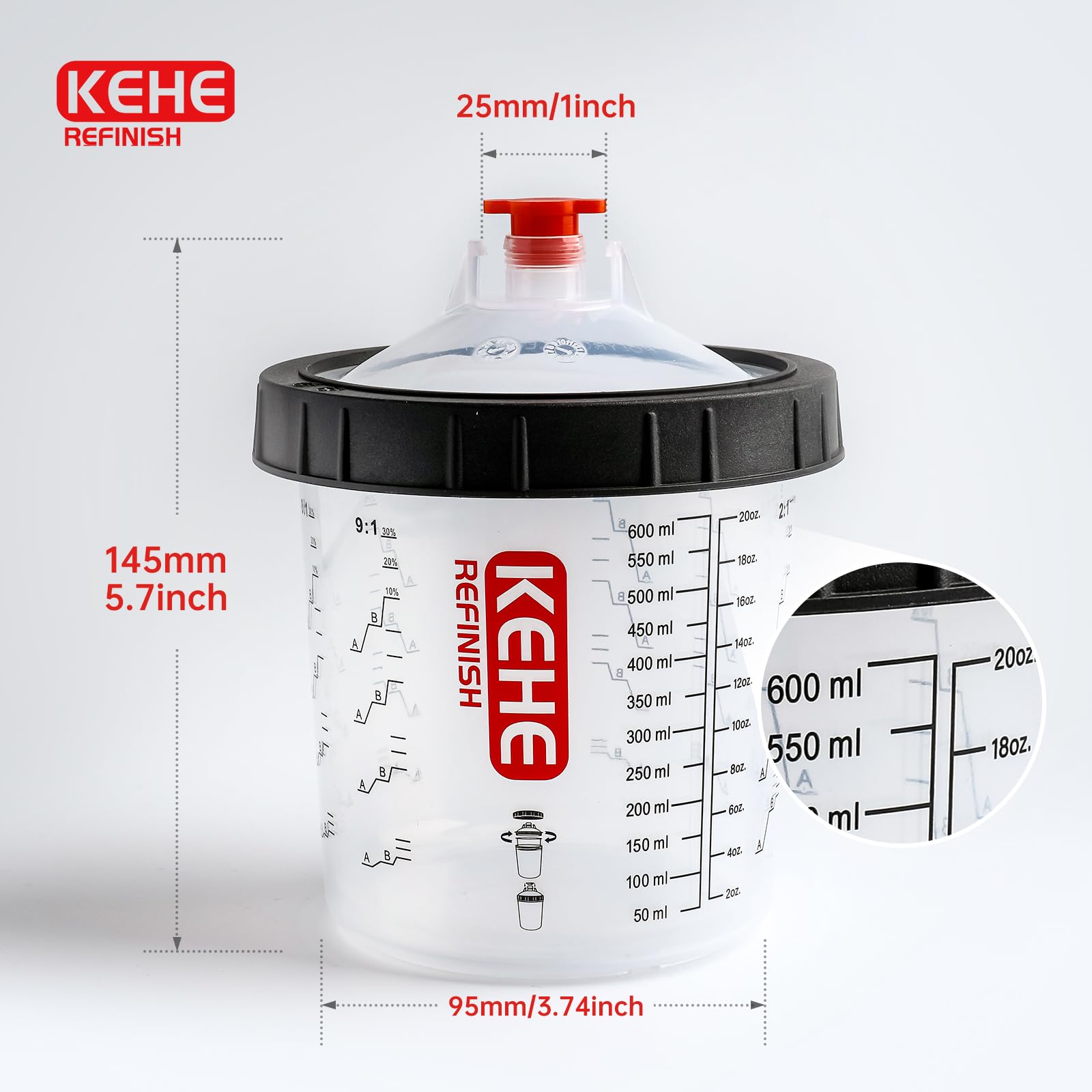 KEHE REFINISH calibration markings showing accurate volume and mix ratios