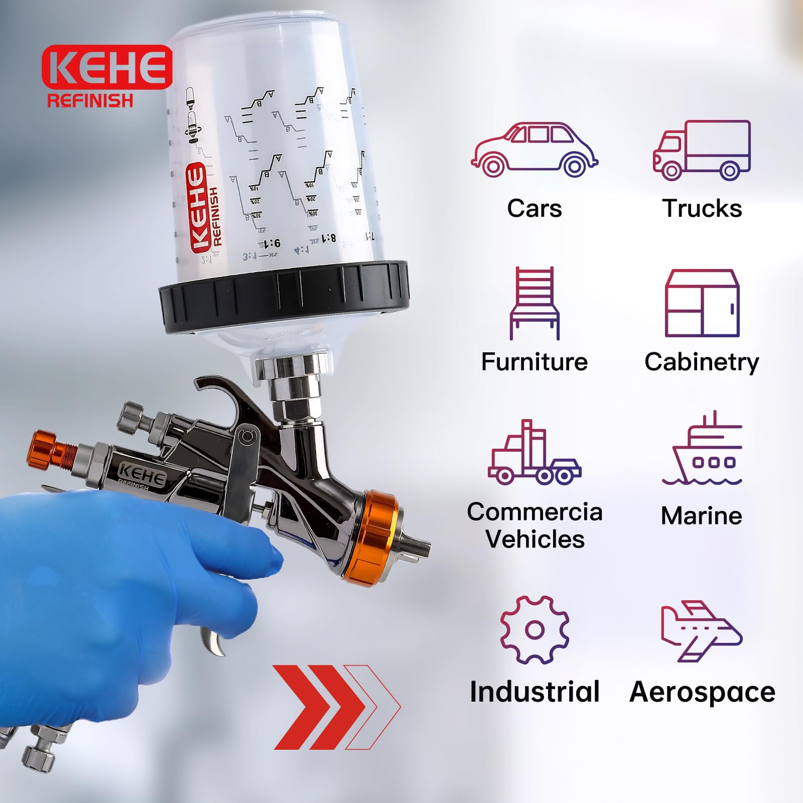 KEHE REFINISH cup attached to spray gun demonstrating in-use angled spraying