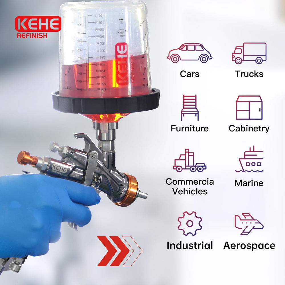 KEHE REFINISH cup system mounted on HVLP gun demonstrating angled spraying