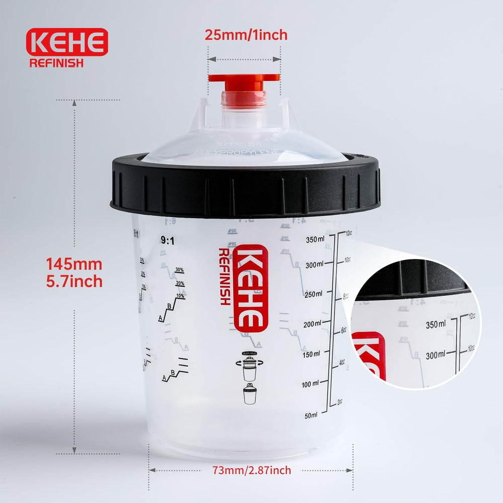 KEHE REFINISH cup beside ruler illustrating 12-ounce (350 ml) capacity scale