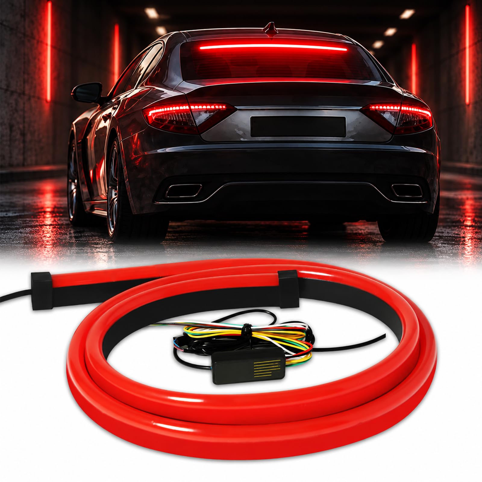 Keiurot front view of 40-inch brake light showing sleek profile and bright red output