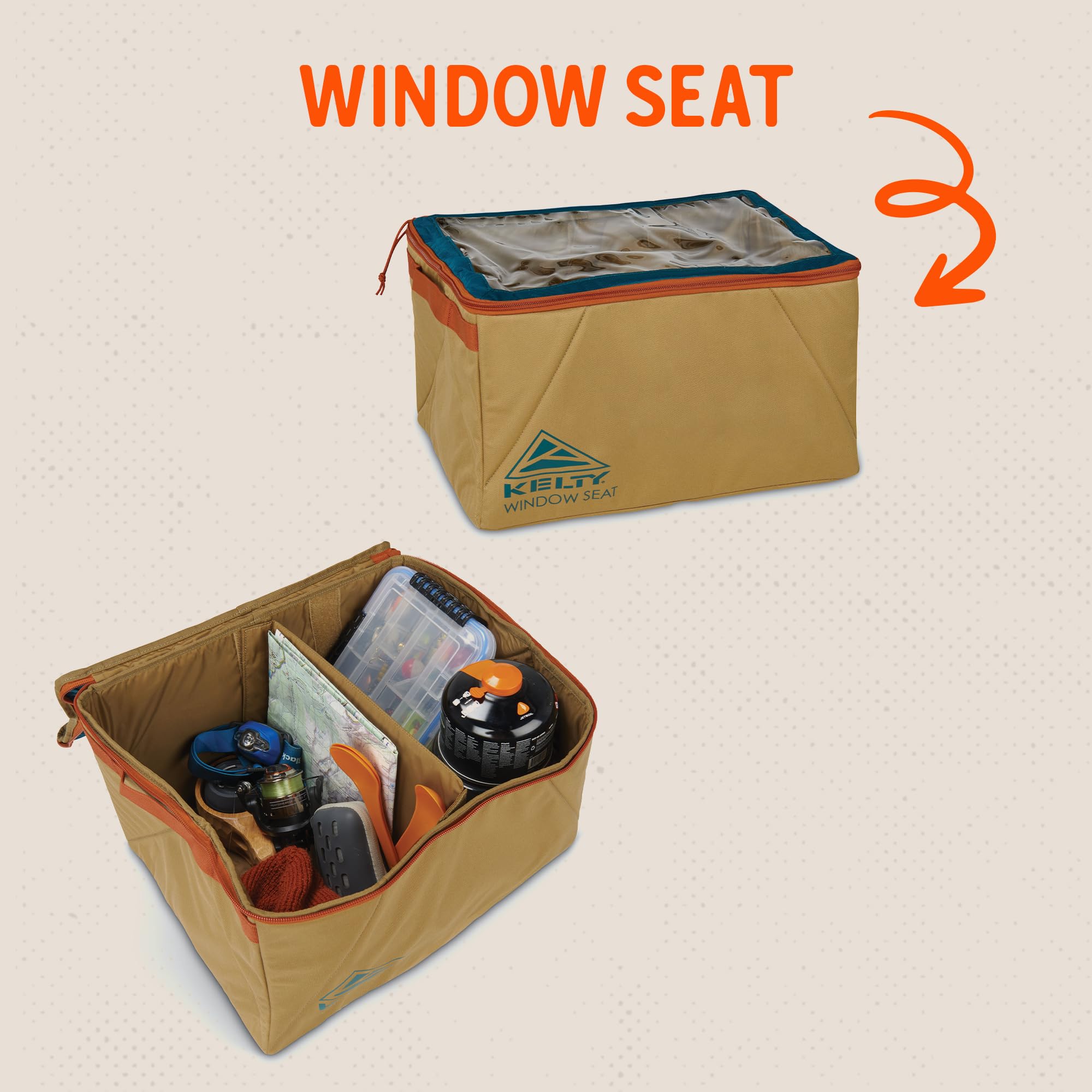 Kelty Window Seat clear top detail lets you instantly identify packed contents