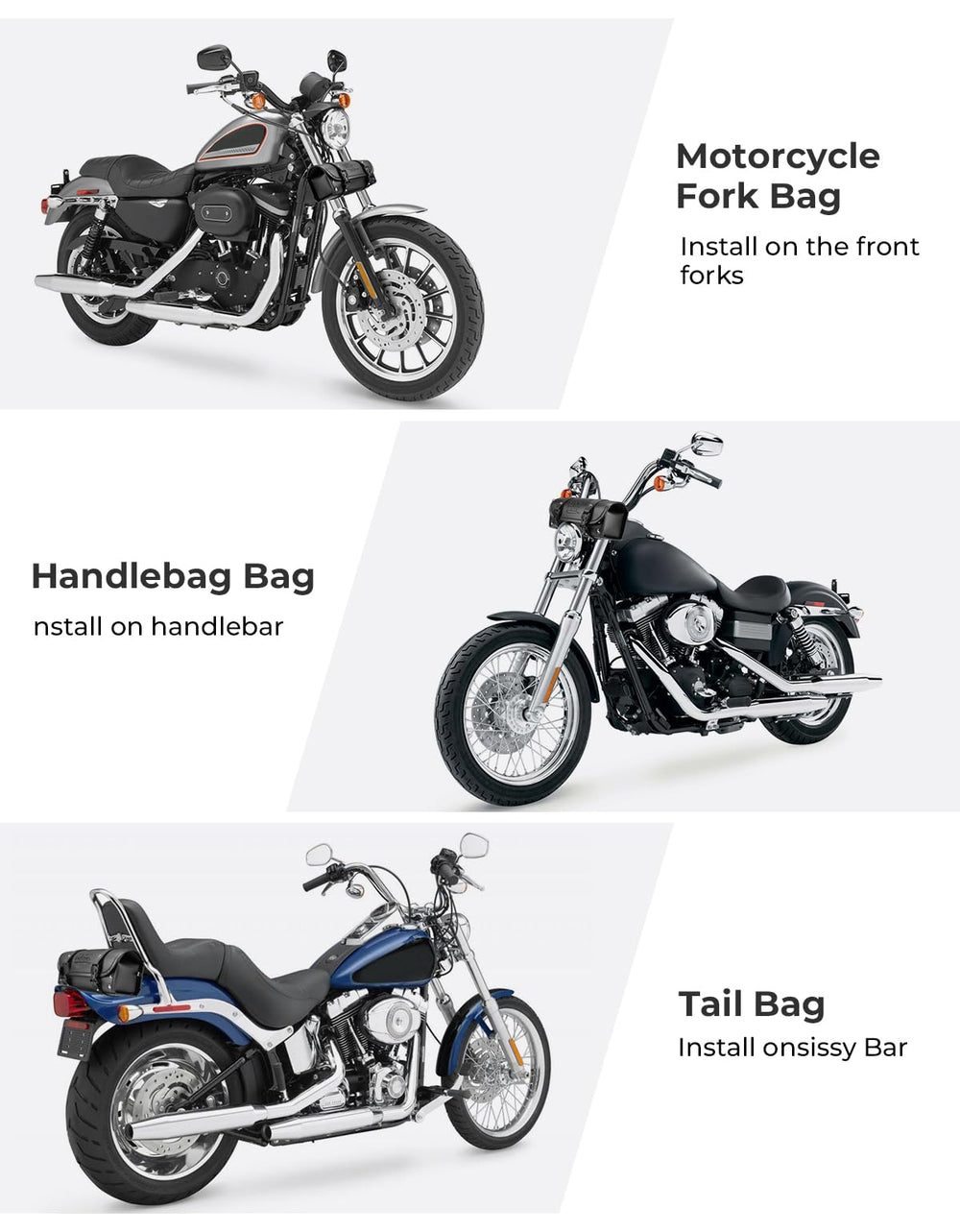KEMIMOTO fork bag on parked bike in street scene for real-world use