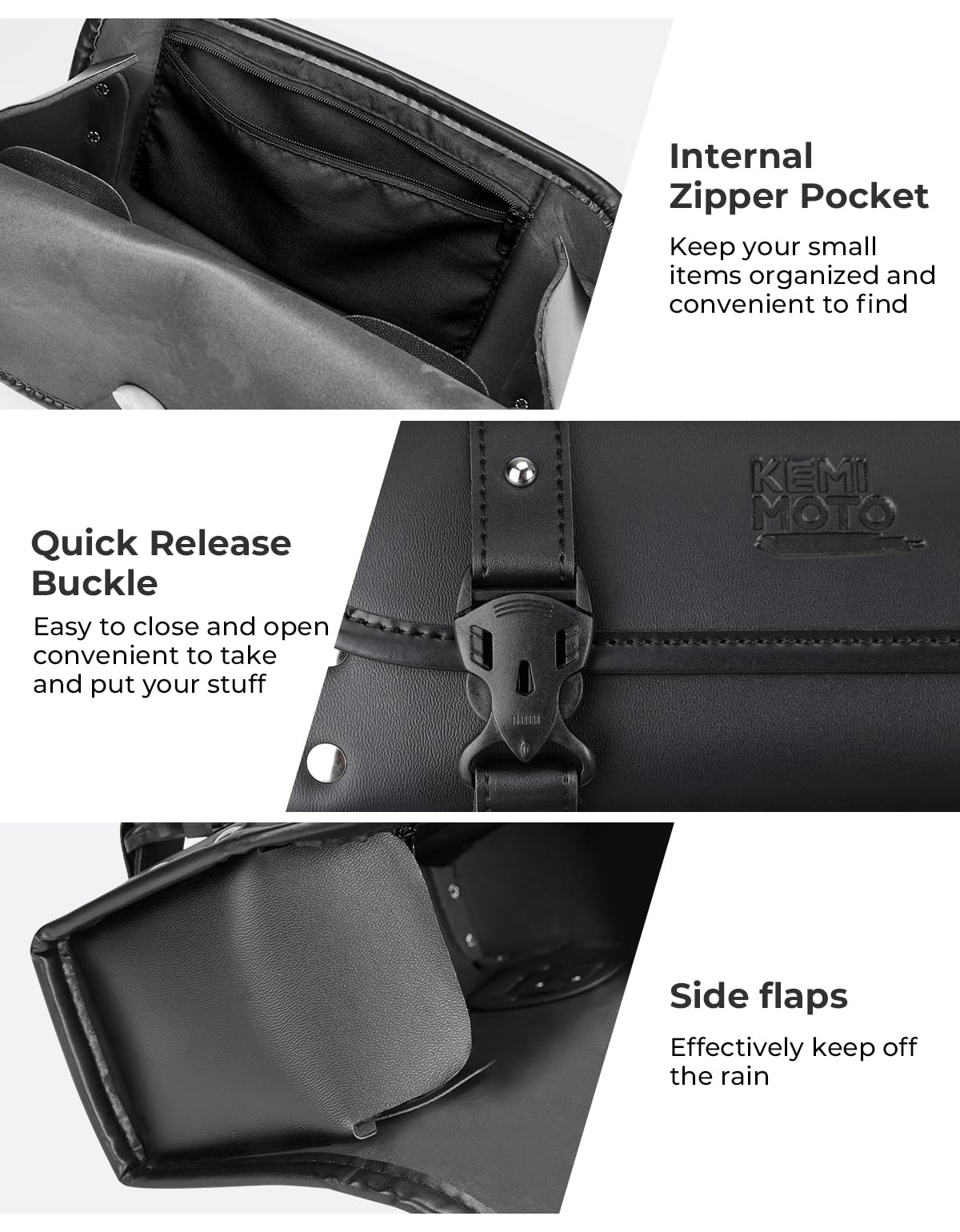 KEMIMOTO fork bag side profile highlighting slim shape and durable finish