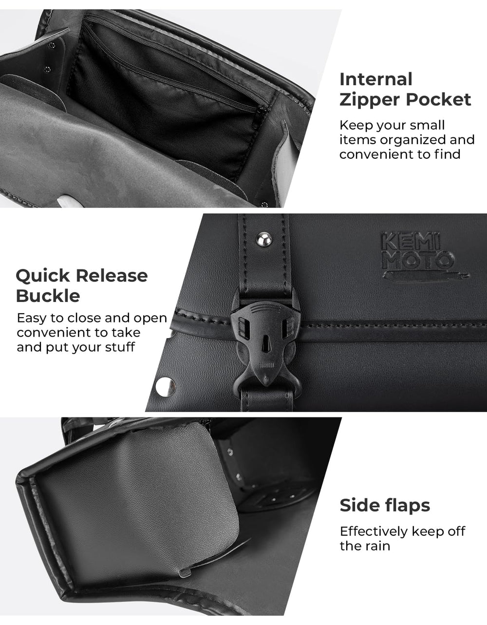 KEMIMOTO fork bag side profile highlighting slim shape and durable finish
