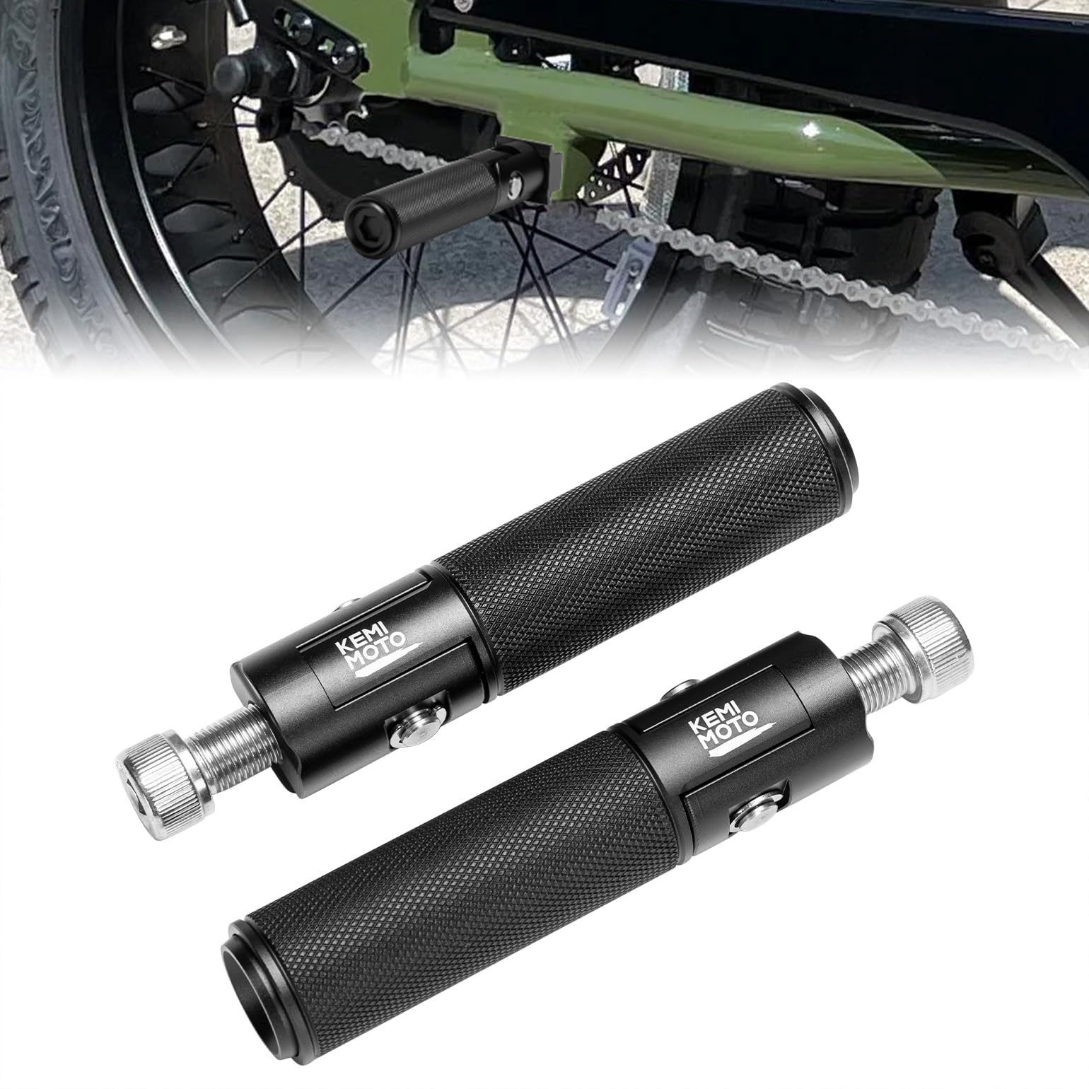 KEMIMOTO front-facing foot peg mounted on bike showing stable support