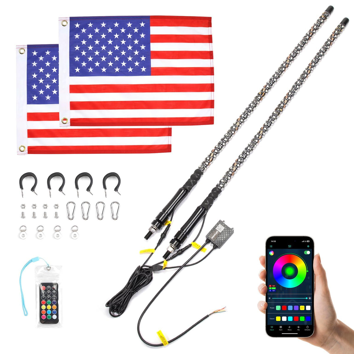 KEMIMOTO front packaging showing two 3ft whips and accessories for quick setup