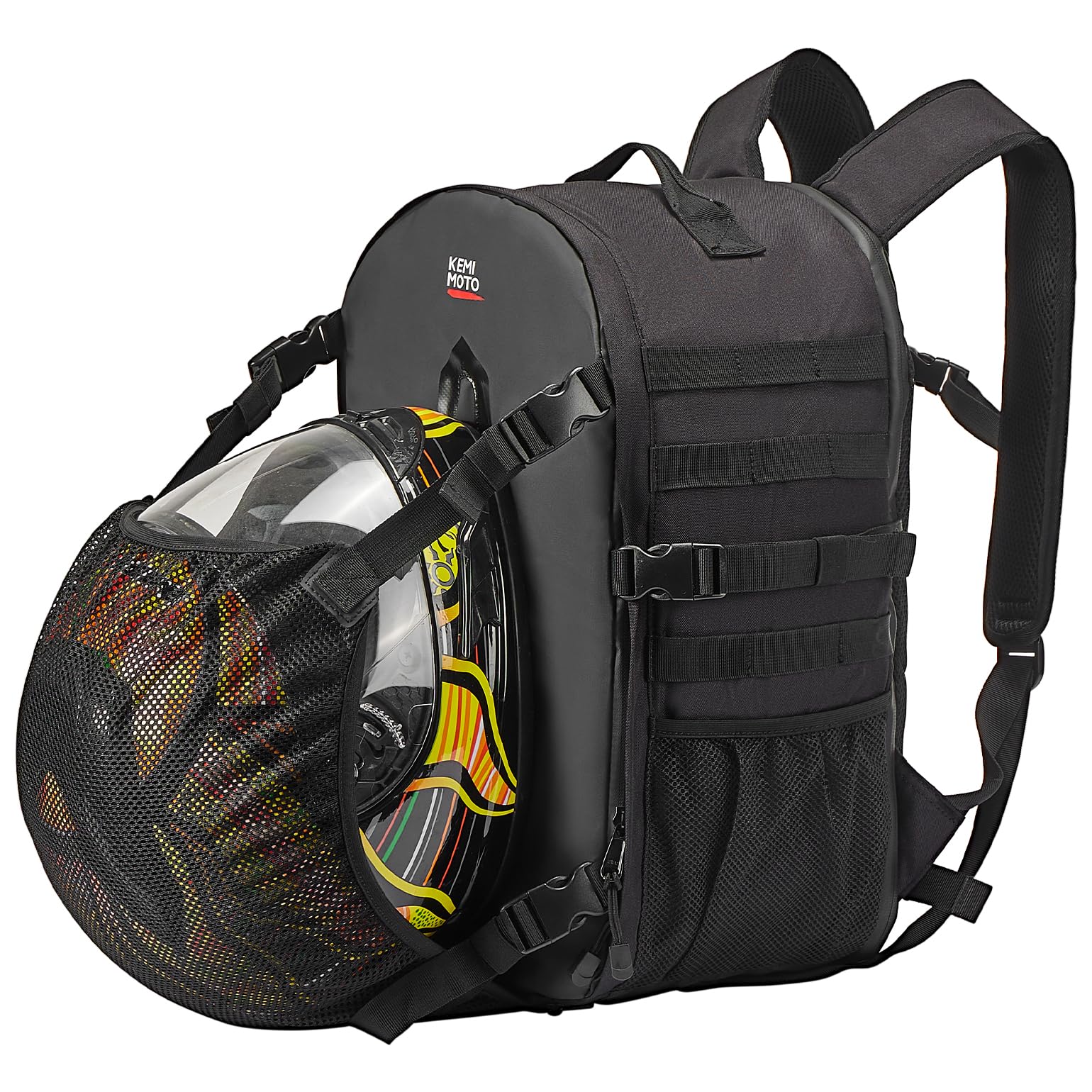 KEMIMOTO front view of backpack showing silhouette and storage benefits