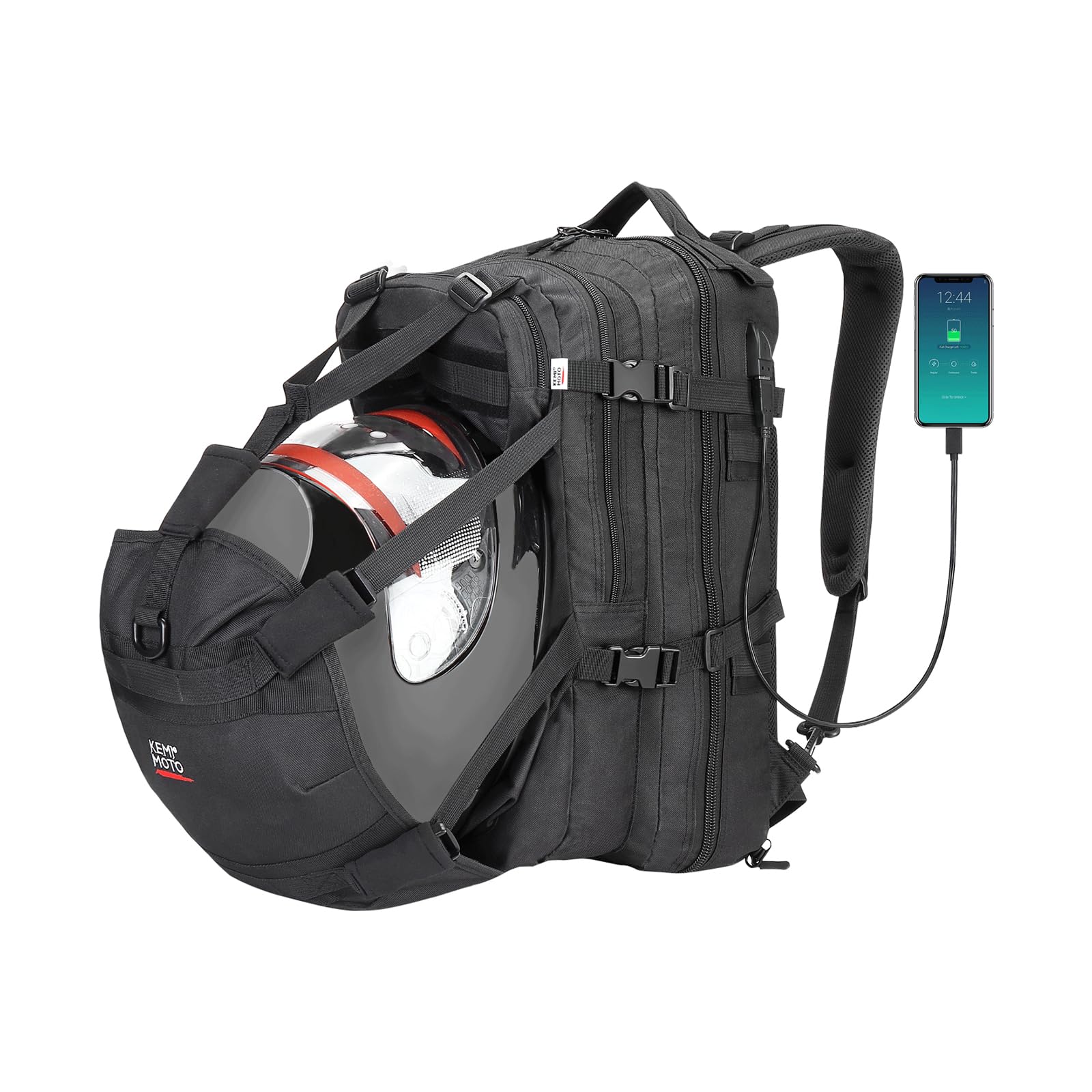 KEMIMOTO front view helmet backpack shows streamlined storage and durable build
