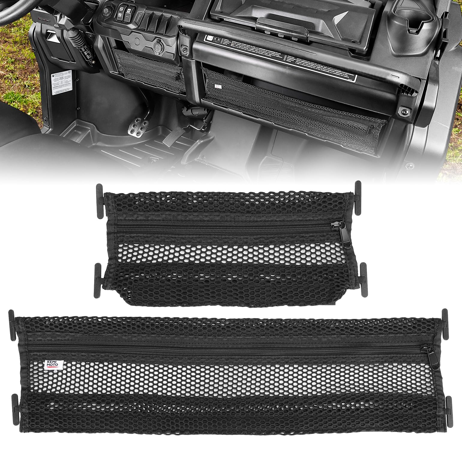 KEMIMOTO front view installed on Can-Am Defender dash showing secure storage benefit