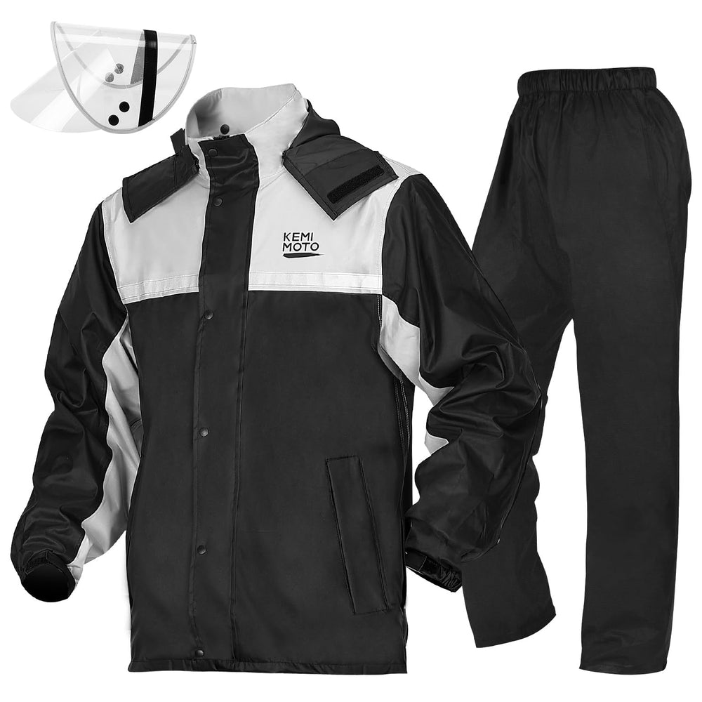 KEMIMOTO front view jacket and pants showing full waterproof coverage and fit