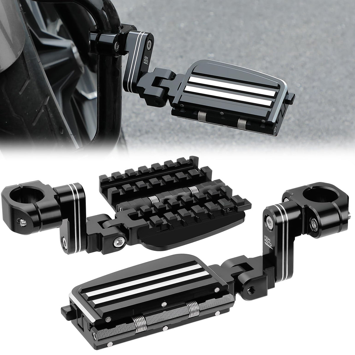 KEMIMOTO front view mounted highway pegs showing stable foot platform benefit