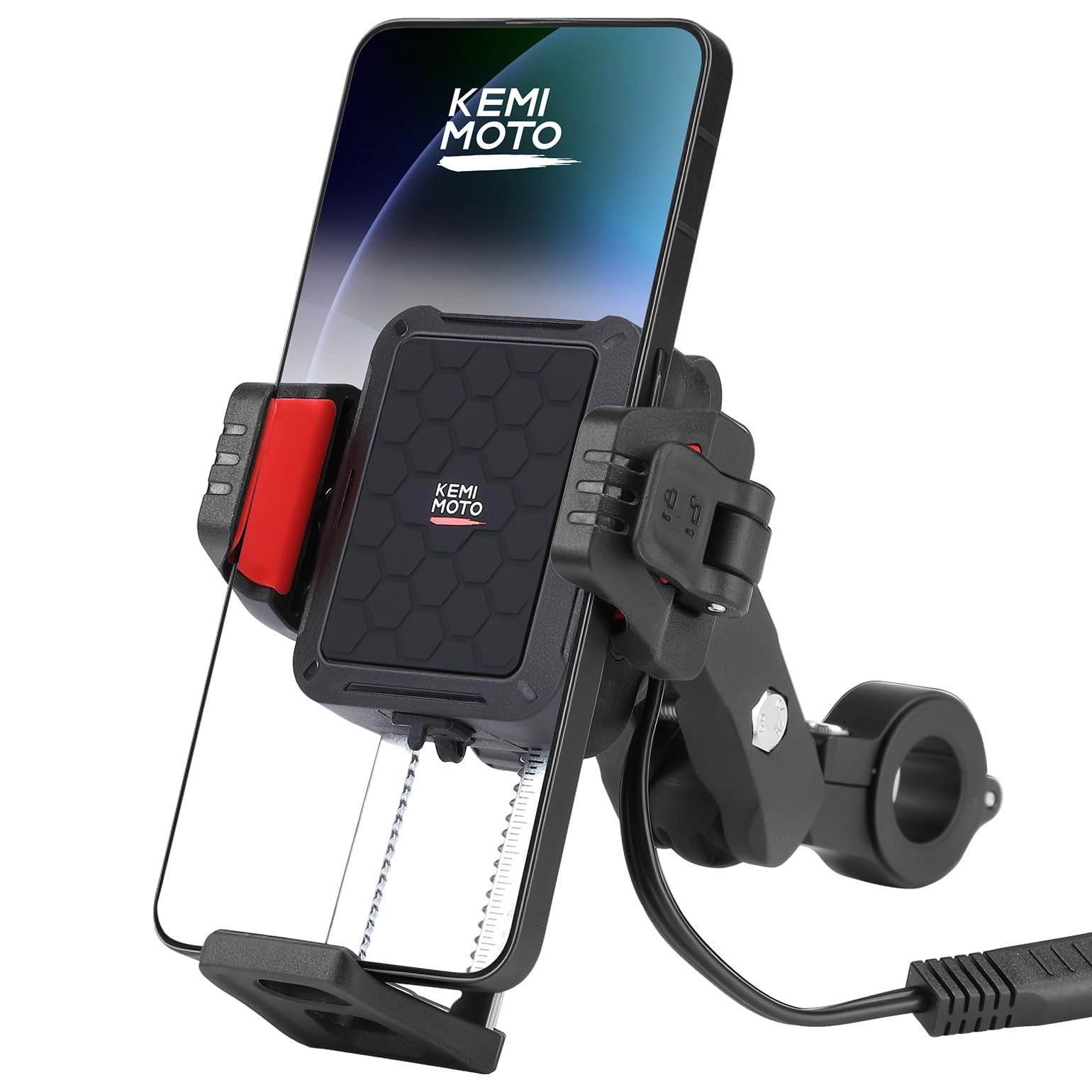 KEMIMOTO front view on handlebar showing secure mounting and quick access