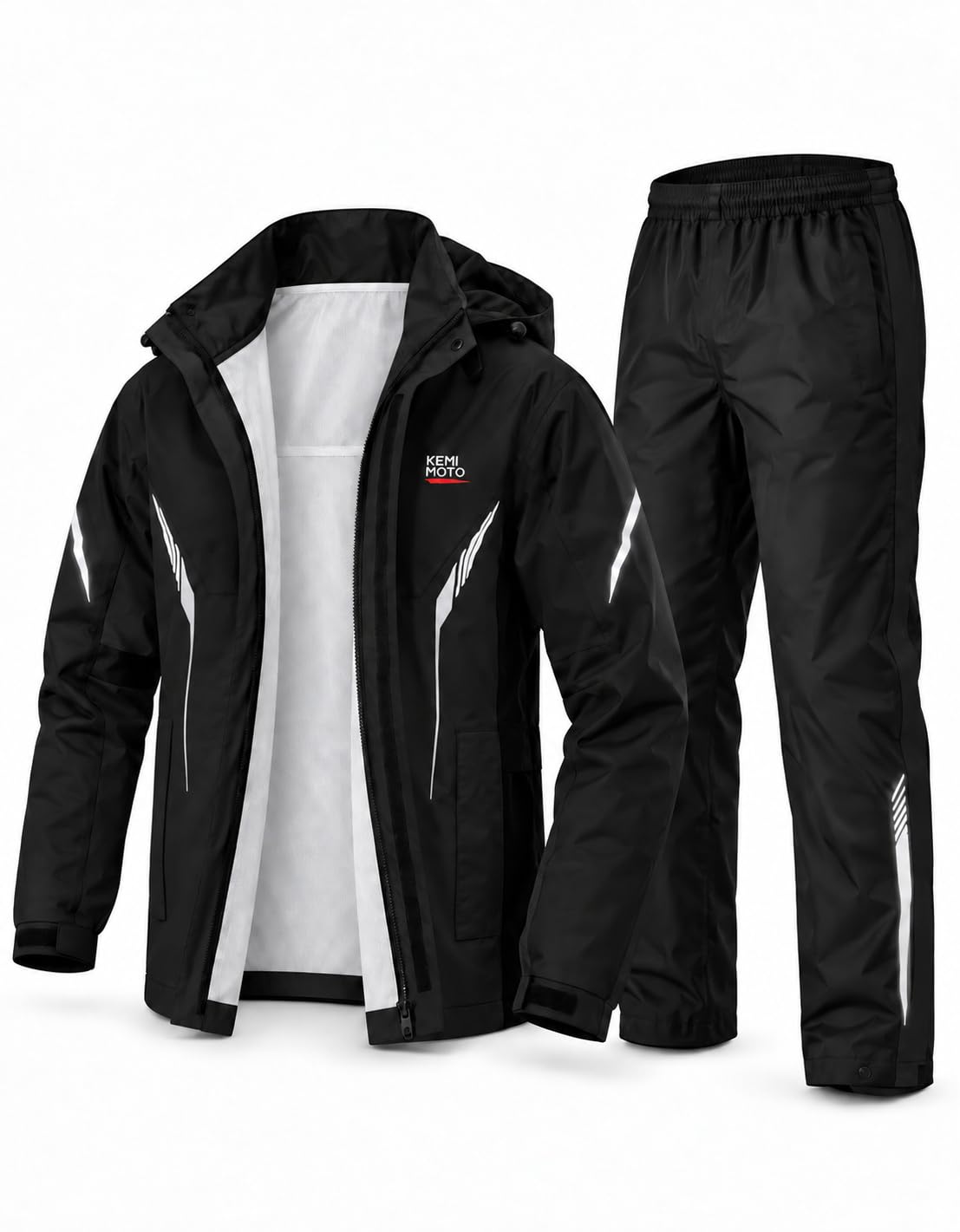 KEMIMOTO front view rain suit showing waterproof protection and quick wear